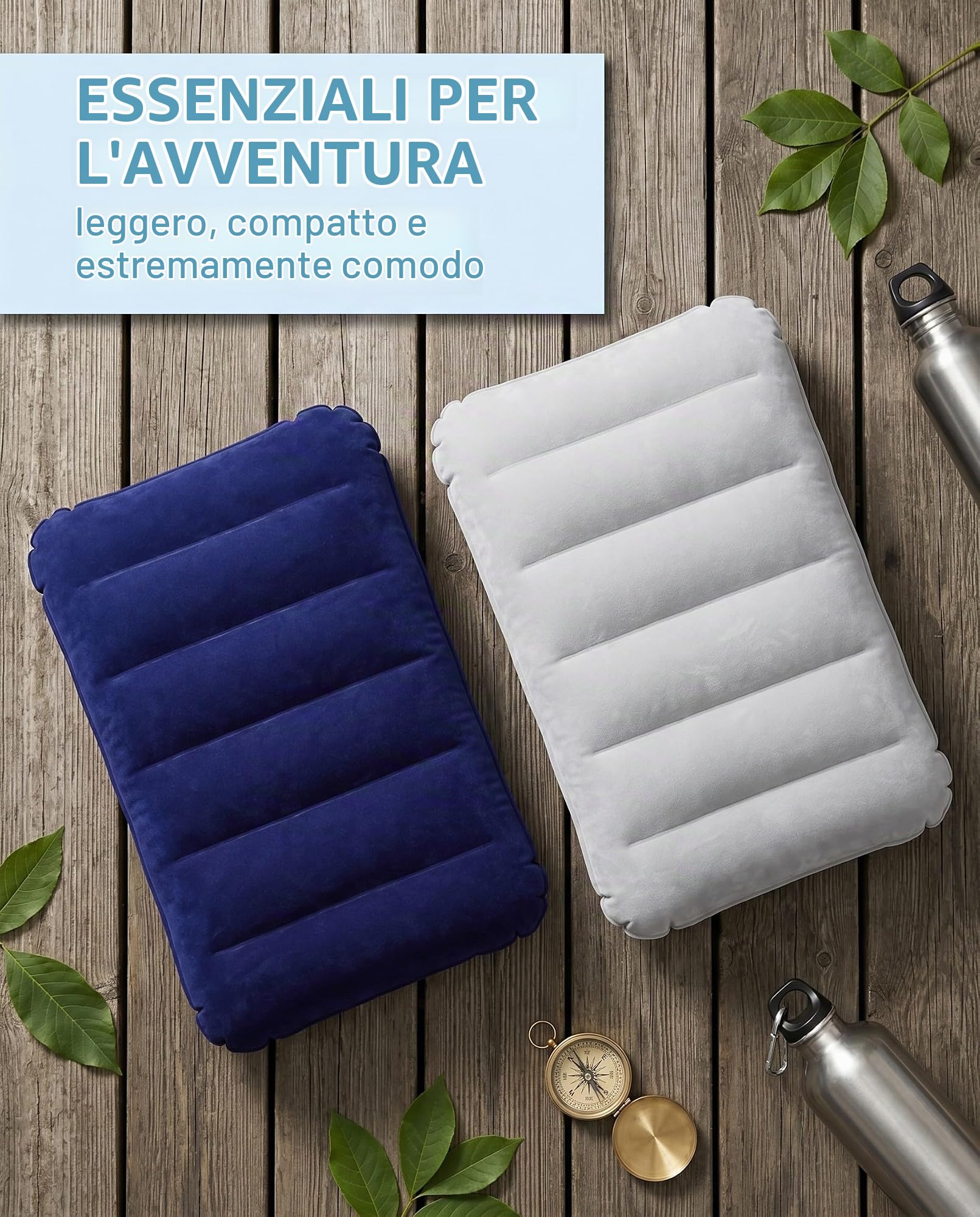 Cuscini Gonfiabili da Viaggio Set 2 Blu+Grigio – Ultraleggeri, Portatili e Multifunzione per Campeggio, Escursionismo, Spiaggia, Supporto Ergonomico.
