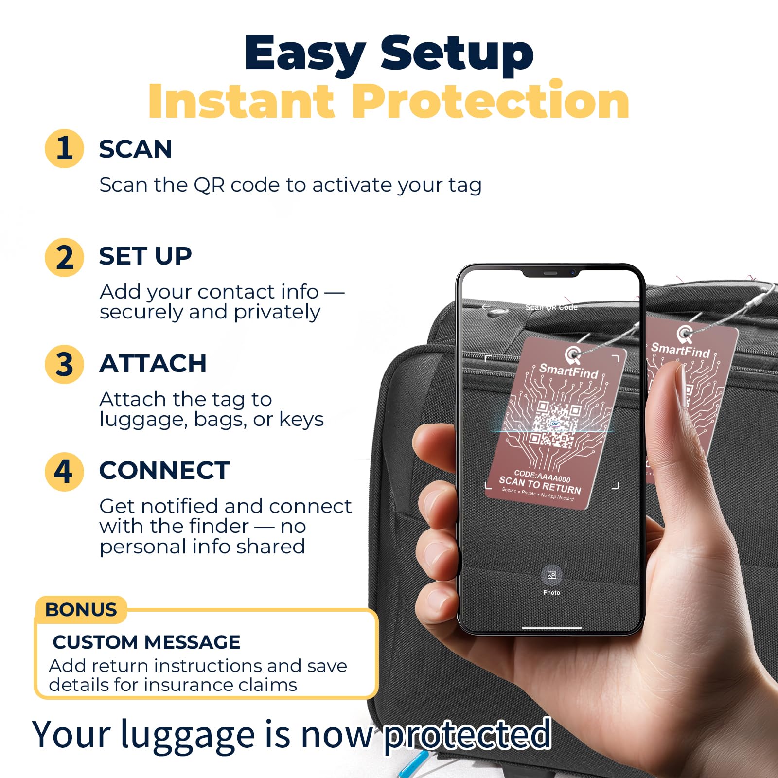 Étiquettes intelligentes pour valises, étiquettes de voyage à code QR avec protection de la vie privée et partage GPS optionnel, aucune application nécessaire, étiquettes durables pour croisières