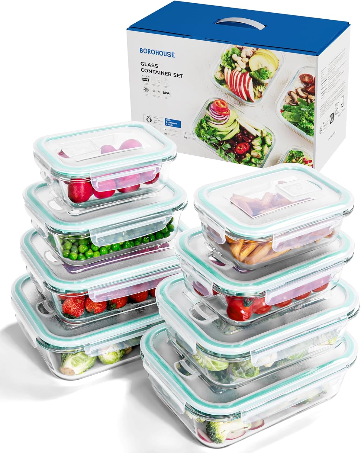 8-Piece Borosilicate Glass Food Storage Containers Set with Airtight Lids – Oven, Microwave & Freezer Safe, Leak-Proof, BPA-Free – Baking, Meal Prep & Gift Box green 8 pcs-A