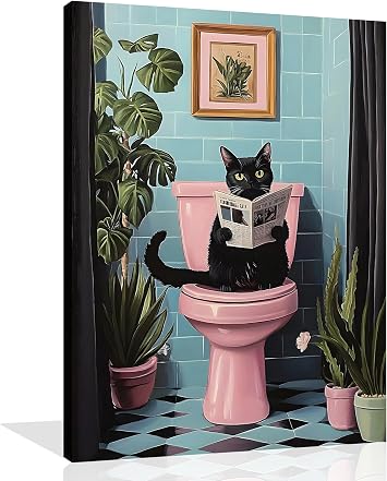 OWNANRTHM Black Cat Bathroom Wall Art Funny Cat Bathroom Canvas Wall Art Black Cat Reading Newspaper on Pink Toilet Poster for Restroom Toilet Wall Decor Framed 8X10 inch