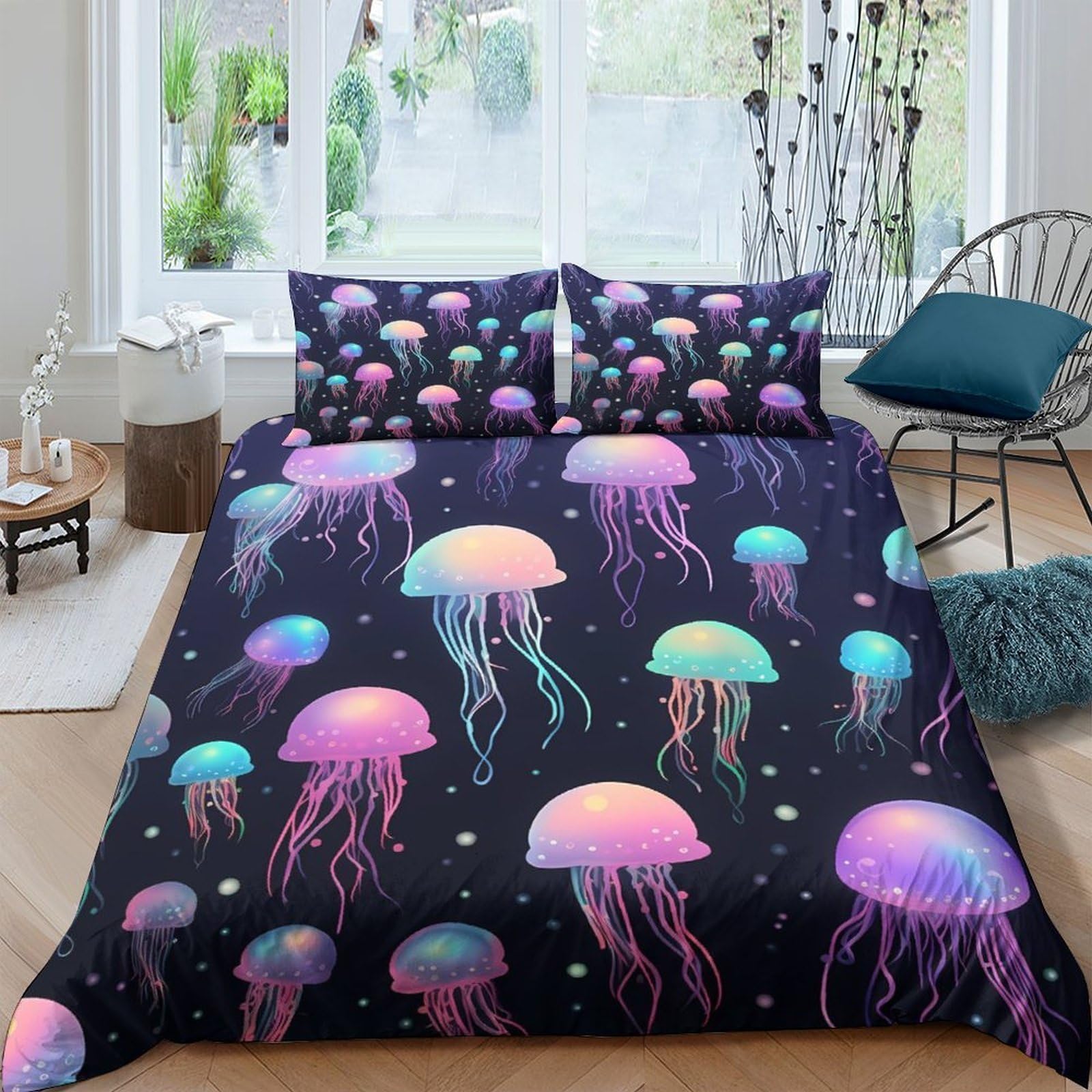 Ctjqhvkz Style-3 3D Printed Jellyfish Fitted Sheet Microfiber Soft Breathable Ocean Bed Cover For Bedroom Guest Room Mattress Decor Single（135X200cm）