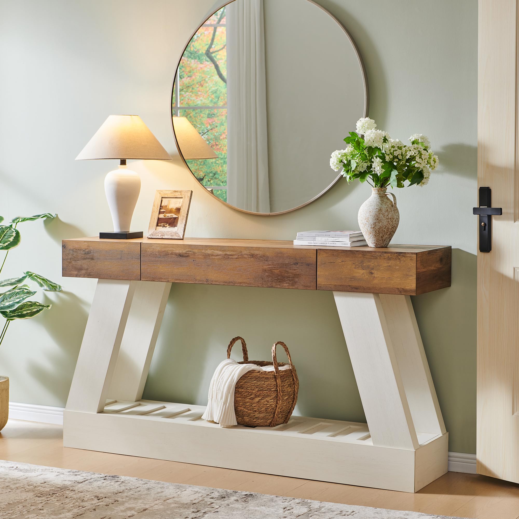 OKD 60" Farmhouse Entryway Table with Drawer, Console Table Behind Sofa, Narrow Long Entryway for Hallway, Living Room, Hallway, Behind Couch(Antique