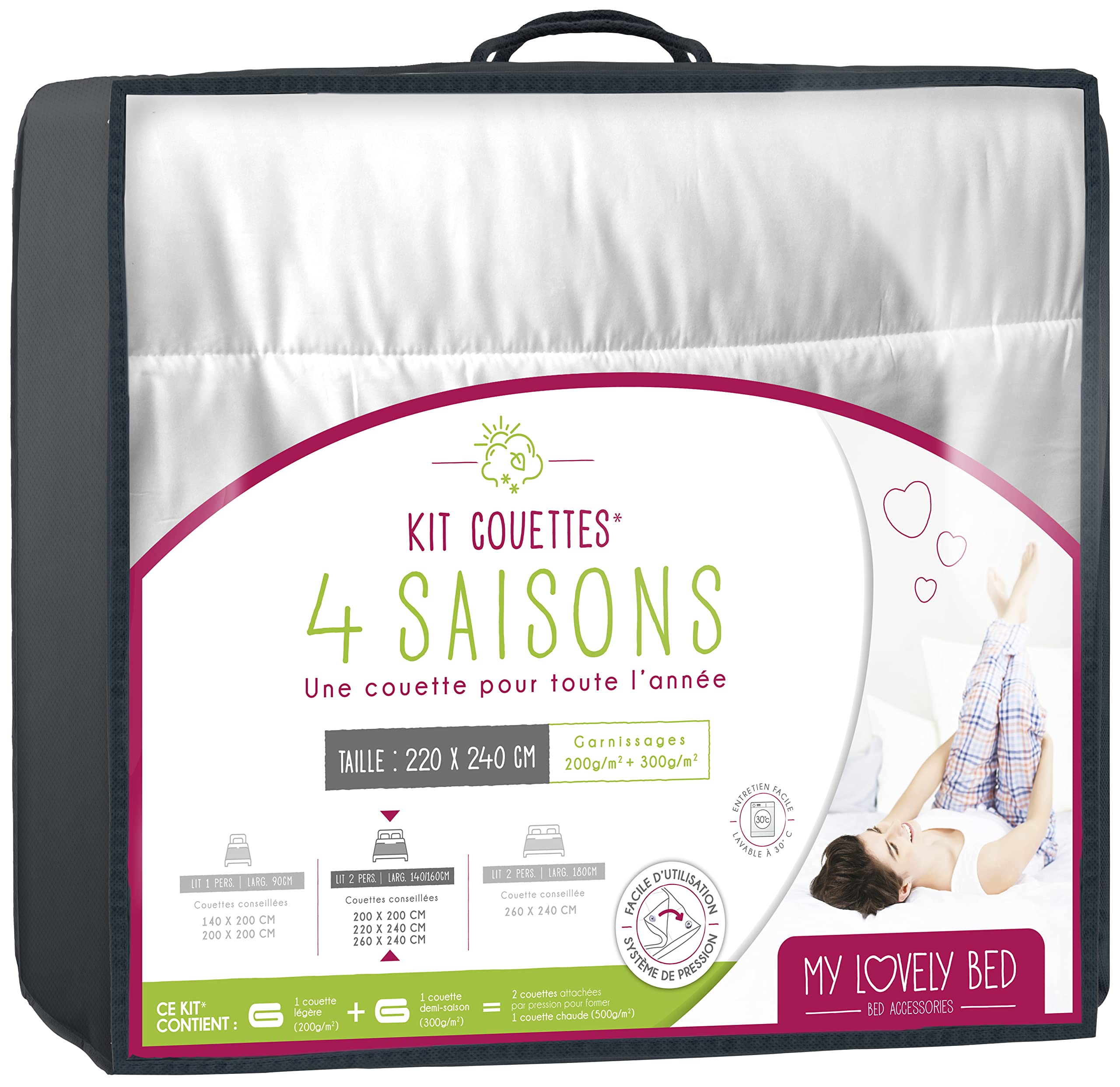 Couette 4 Saisons - 220x240 cm - 3 en 1 (200g/m² et 300g/m² = 500g/m²) - Chaude pour l'hiver/Légère pour l'été