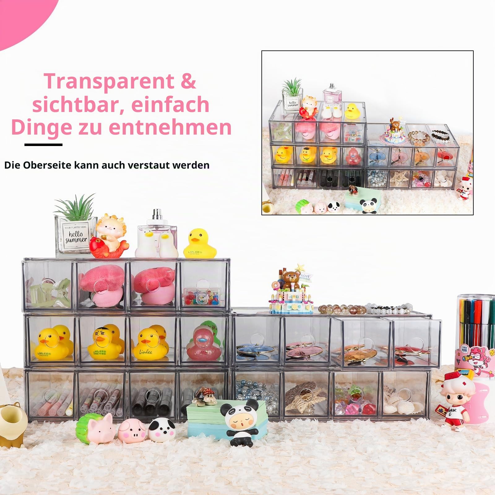 3x Schreibtisch-Organizer, Aufbewahrungsbox für Schreibwaren, Mark | Schubladenkasten mit 12 Herausnehmbarer Schublade, Schubladenorganizer Stapelbar Büro Schreibtisch Organizer Transparent-grau