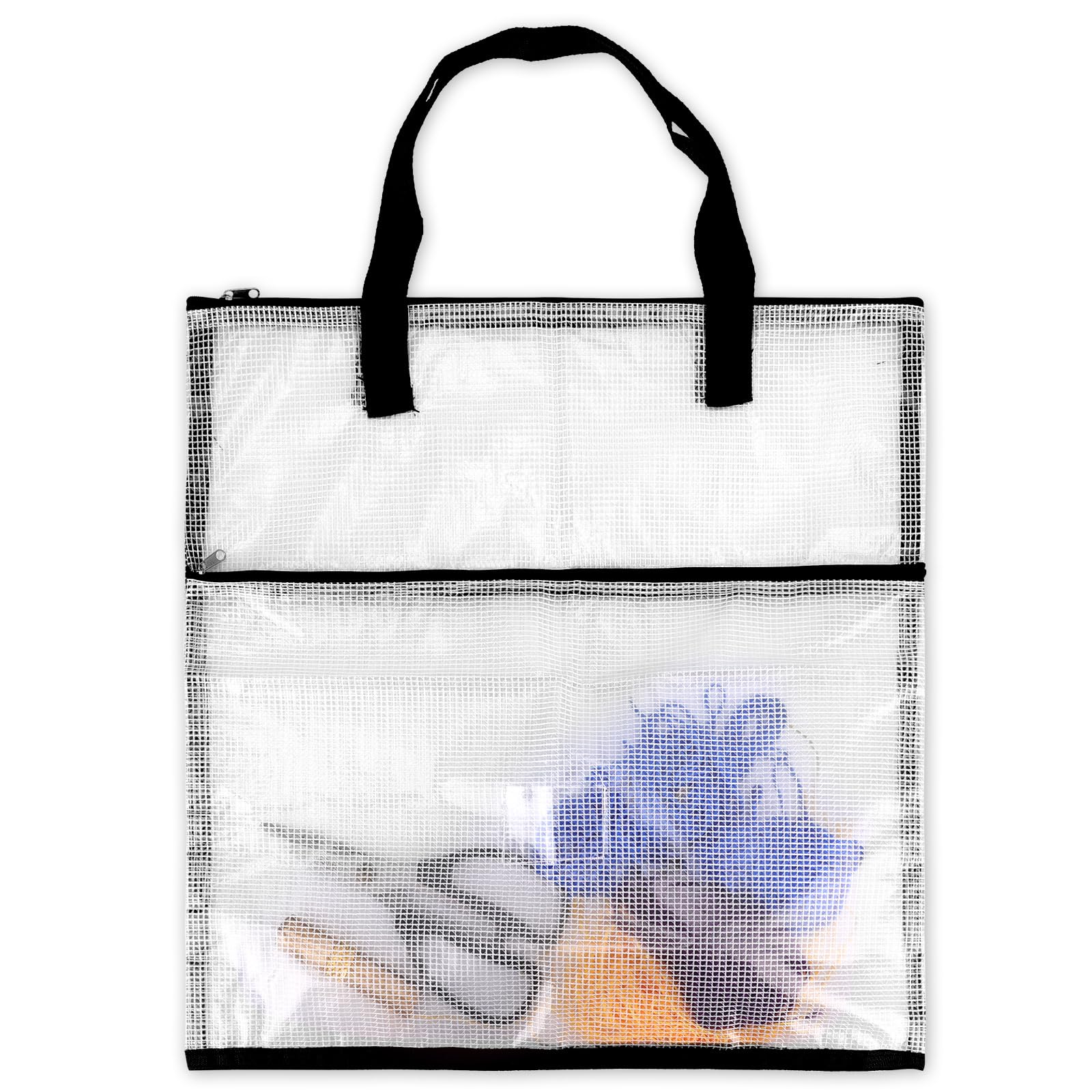 16.1x15.7in Sew Project Bag, Multipurpose Clear Mesh Quilting Storage Organizer with Zipper Portable Large Craft Bag for Stitching Knitting Crochet Art Craft Supplies (Black)