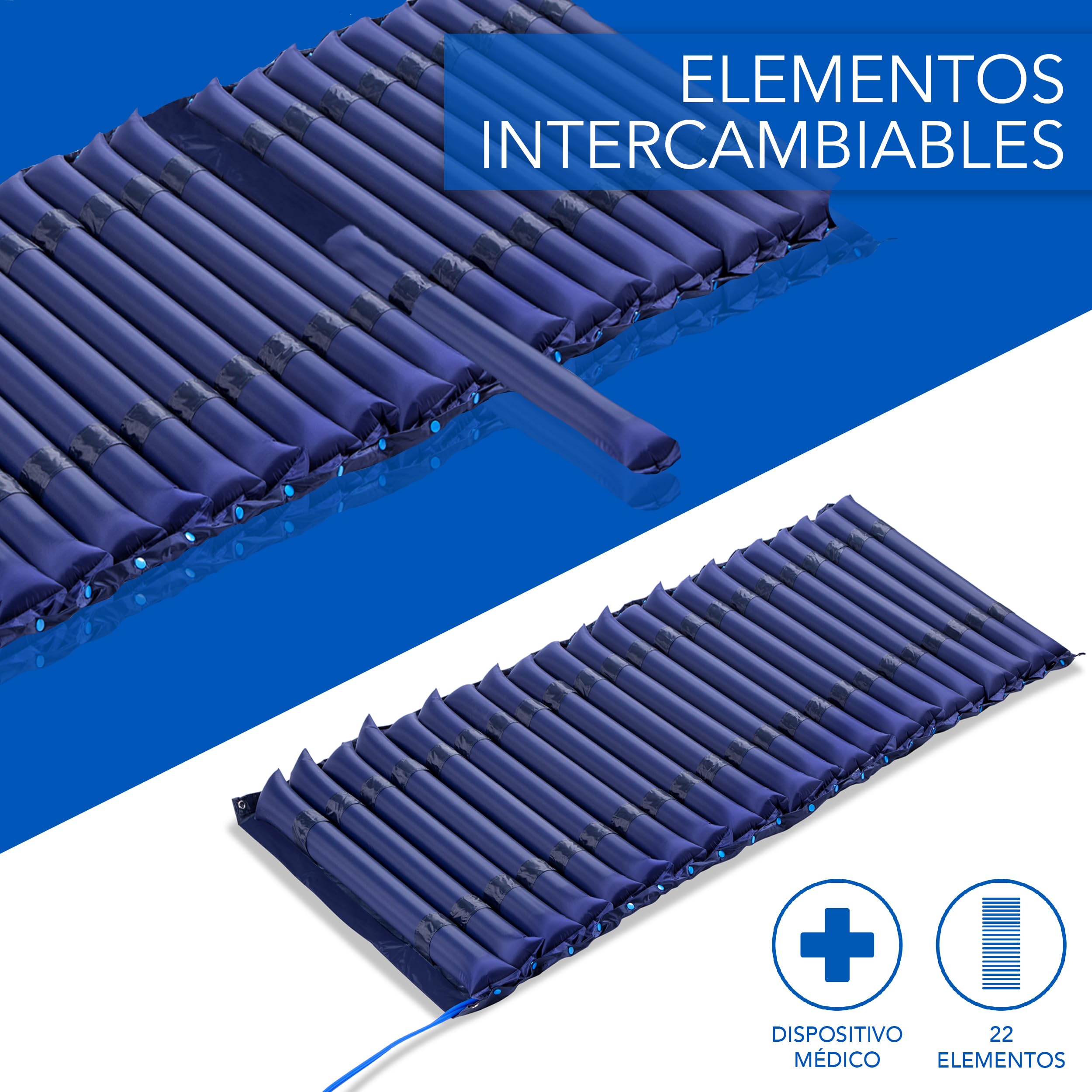AIESI® Colchón Antiescaras de elementos intercambiables con compresor ajustable de ciclo alterno DOCTOR MATTPLUS, 22 Elementos, Capacidad 150 Kg, Silencioso, Garantía 24 meses