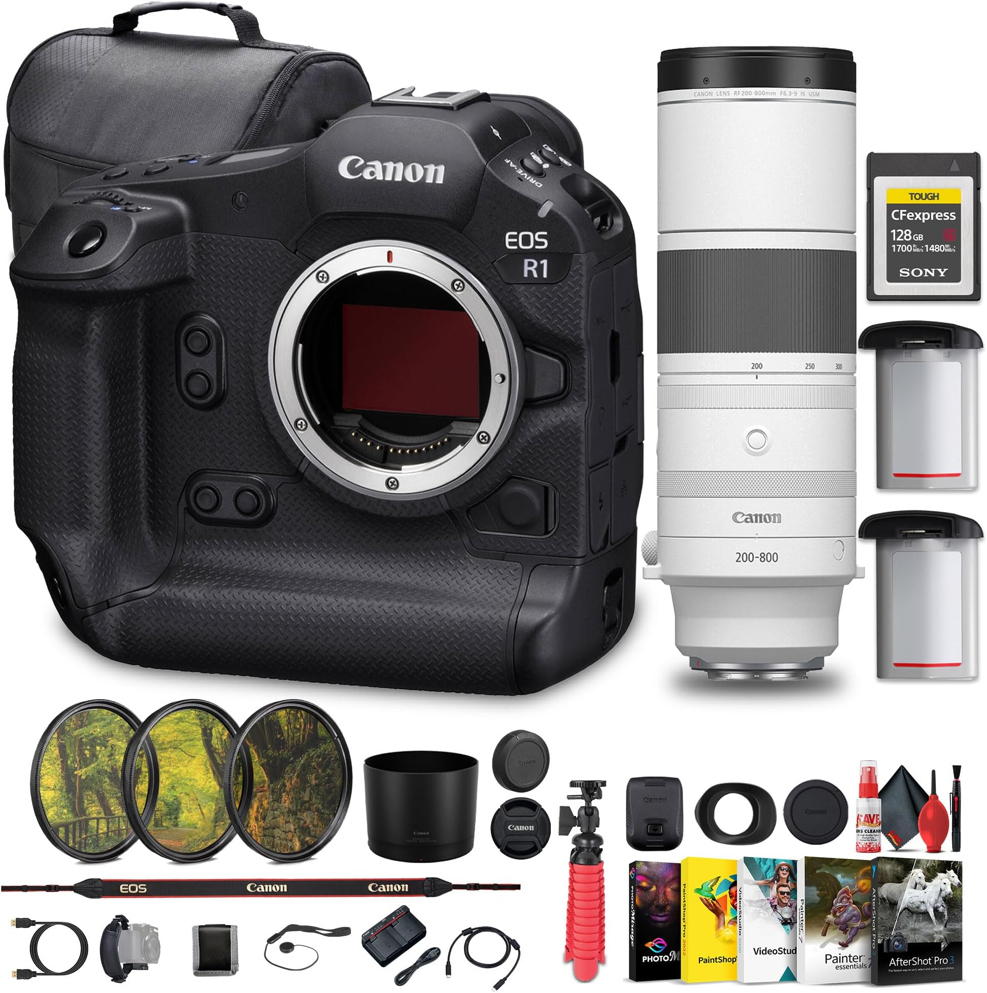 Canon EOS R1 Mirrorless Camera - 24MP, Full-Frame Stacked BSI CMOS Sensor (6577C002) + Canon RF 200-800mm Lens + 128GB CFexpress Card + Bag + Photo Editing Software + LPE-19 Battery