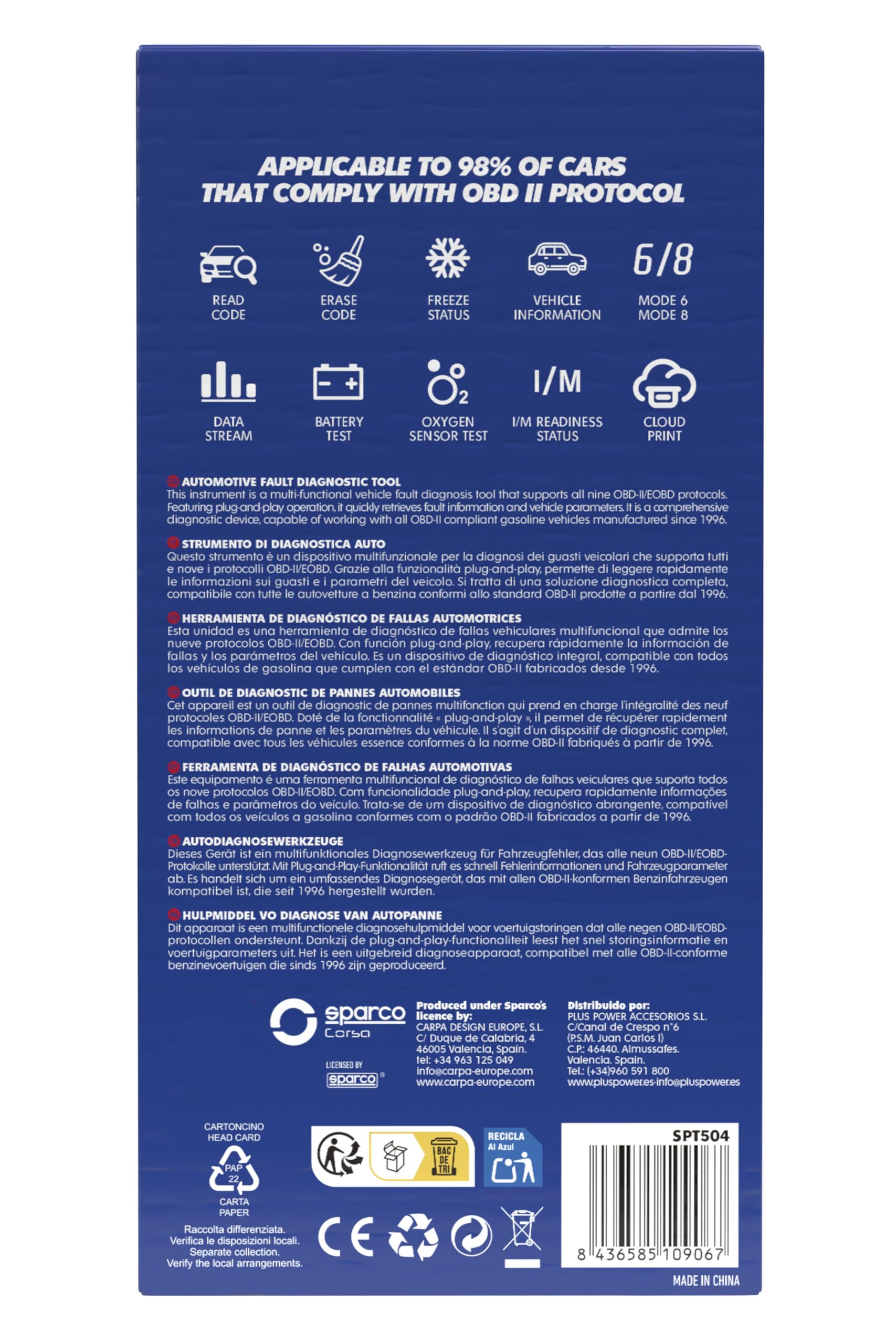 Sparco Dispositif de Diagnostic Automobile OBD2 Scanner Lecteur de Codes d'erreur Moteur et Transmission avec Test de Batterie et émissions I/M Readiness Multilingue pour véhicules à Essence
