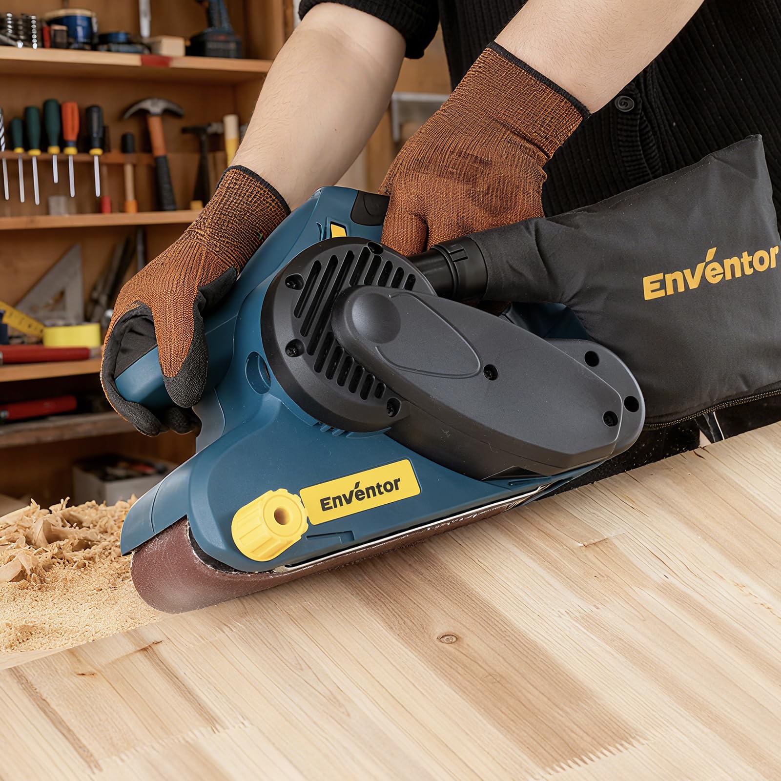 Enventor Ponceuse à Bande 950W, 6 Vitesse Variables (120-380 tr/min), 2 en 1 Ponceuse à Cordon avec Sac à Poussière et 12 Bandes Abrasives (P80, P120, P180,P240) 76 x 533 mm