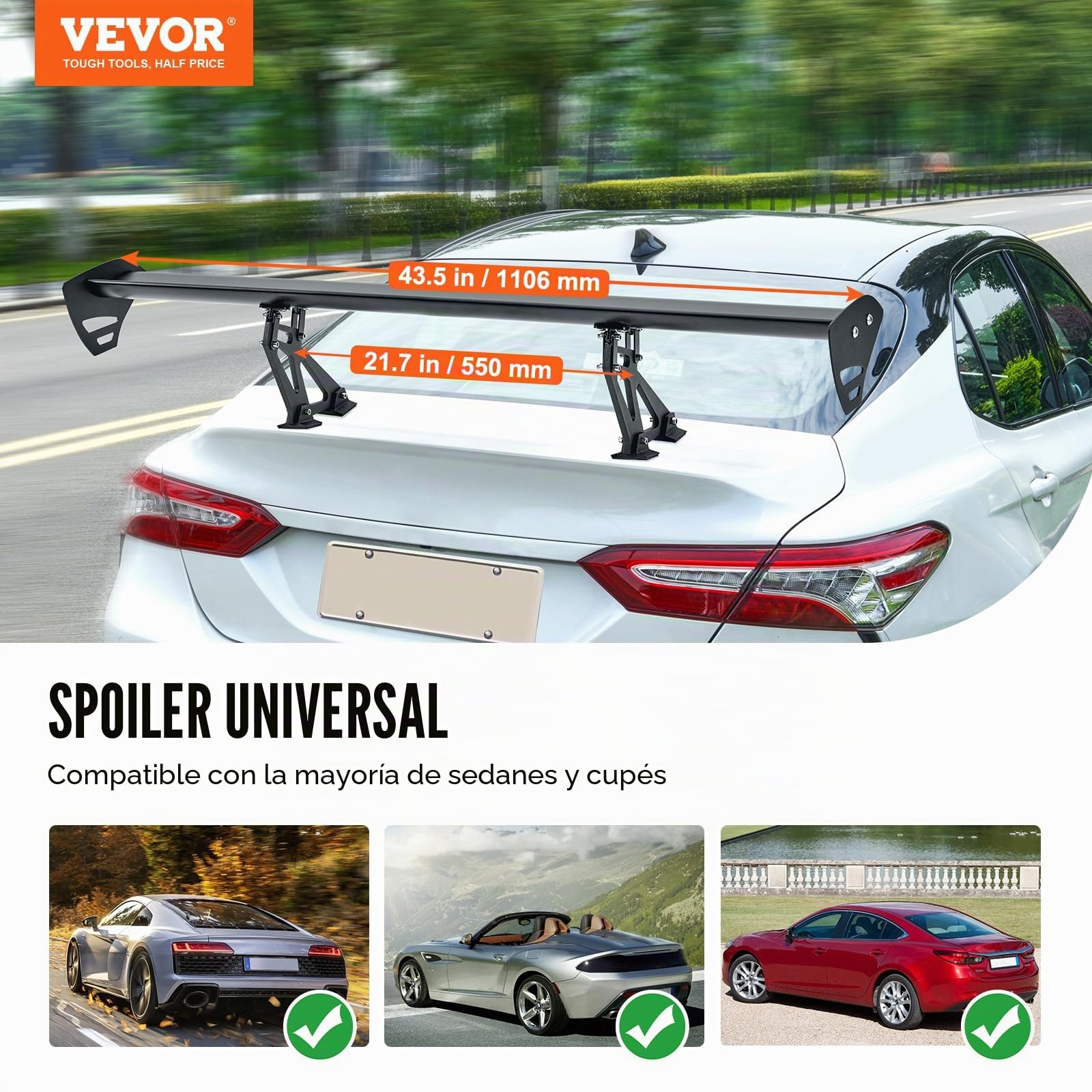 VEVOR GT Wing - Alerón universal de 43.3 pulgadas con cubierta única, aluminio ligero ajustable, alerón trasero para coches y carreras BGW/JDM Drift negro