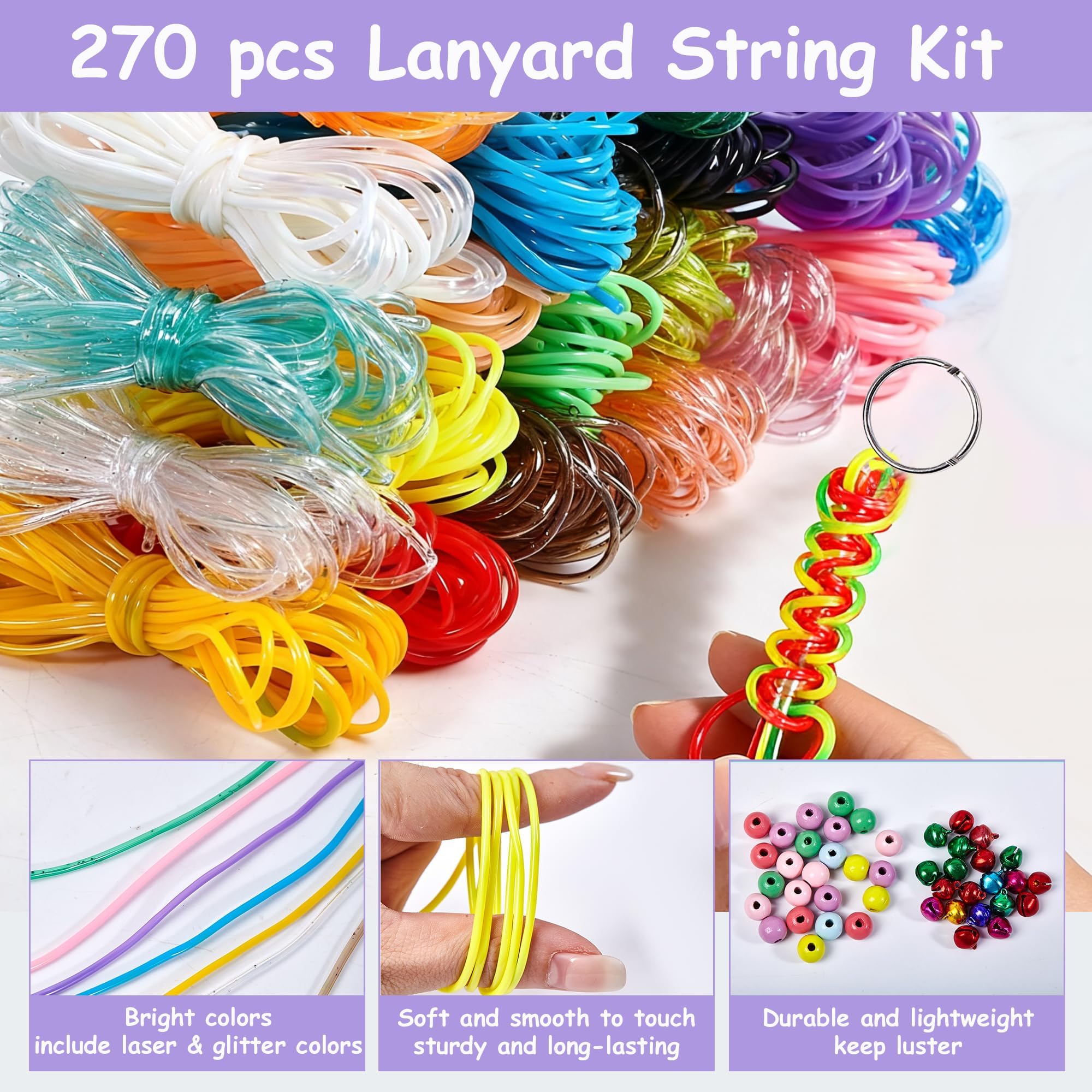 JurciCat 200 pièces Scoubidou Fil Set Fil scoubidou scoubidou Fil Paillettes DIY String pour Bracelets Collier Porte-clés (20 Couleurs 10 Clips et 10 Anneaux Porte-clés