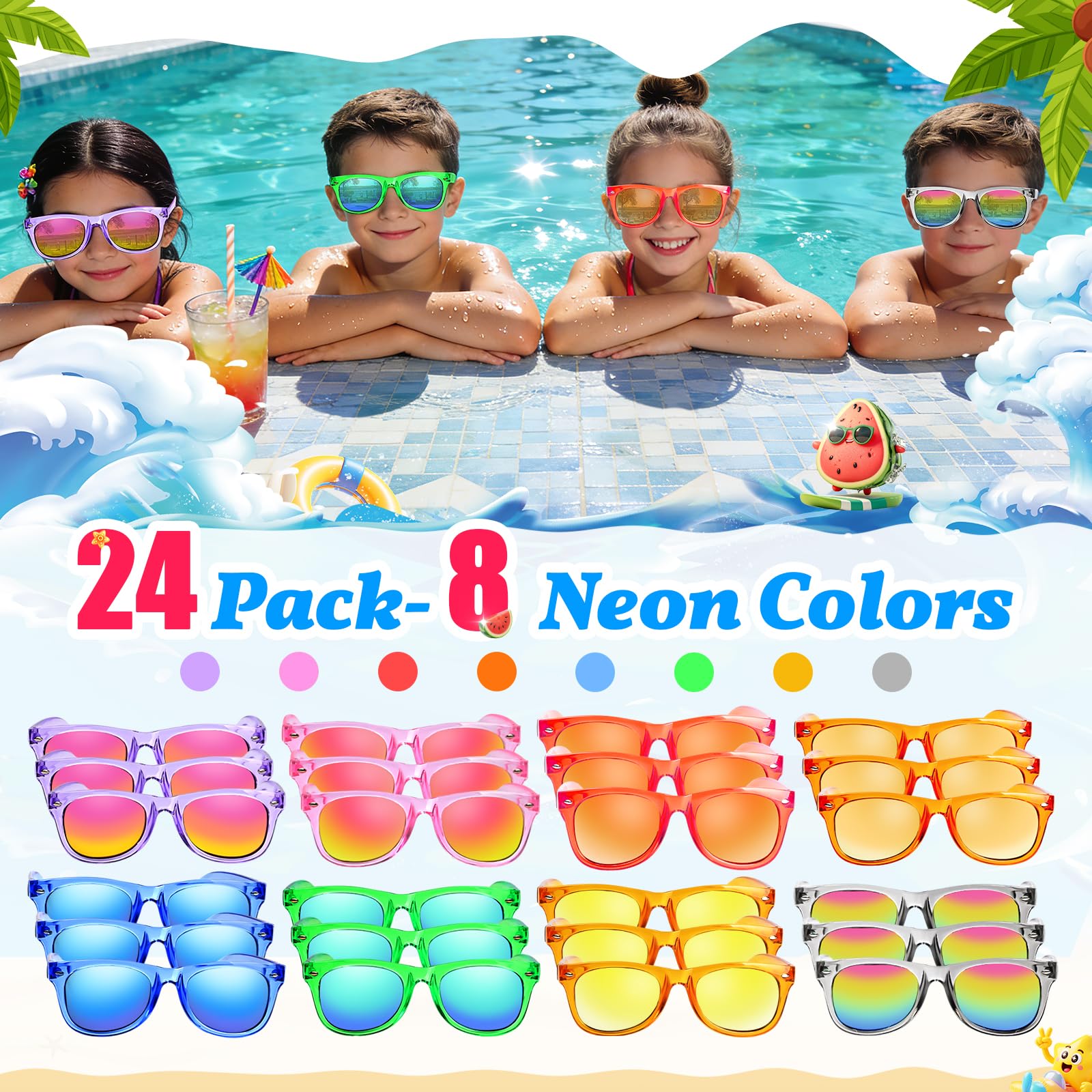 24 Stück Kinder-Sonnenbrillen, Partyzubehör, Geschenktüten für Kinder im Alter von 3–8 Jahren, Neonbrillen für Jungen und Mädchen, mit UV400-Schutz, Geburtstag, Klassenzimmer