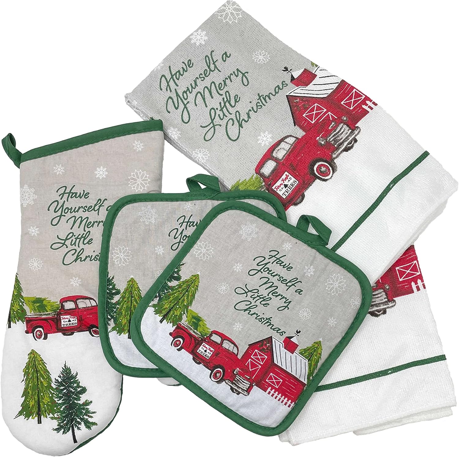 Red Truck Christmas Kitchen Set - Pot Holders, Oven Mitts and Towels - Image 2