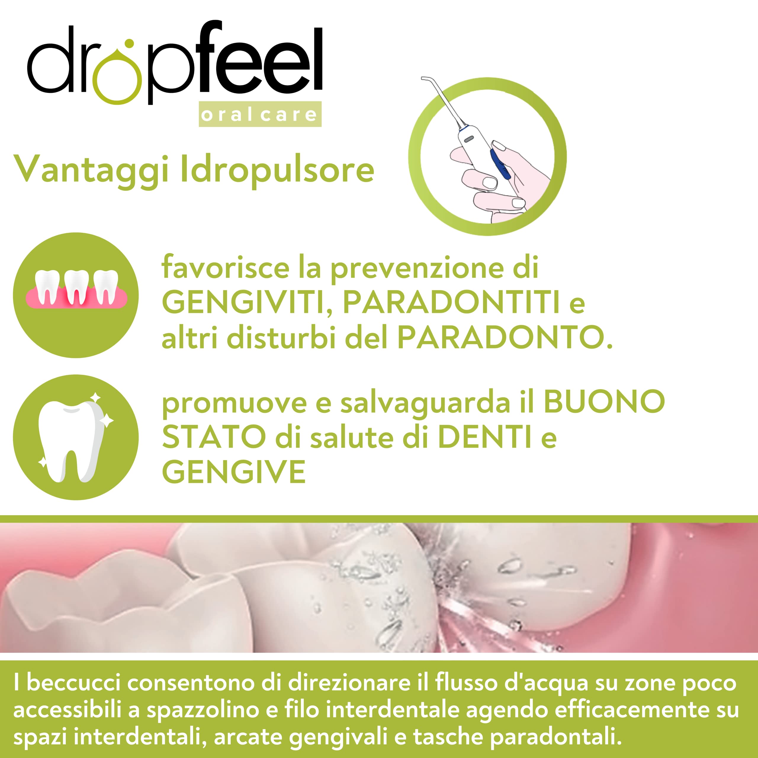 Irrigador dental profesional Family Jet, 5 boquillas incluidas, depósito de 500 ml, 4 niveles de presión, elimina placa y residuos, para aparatos y encías sensibles, fijación a la pared