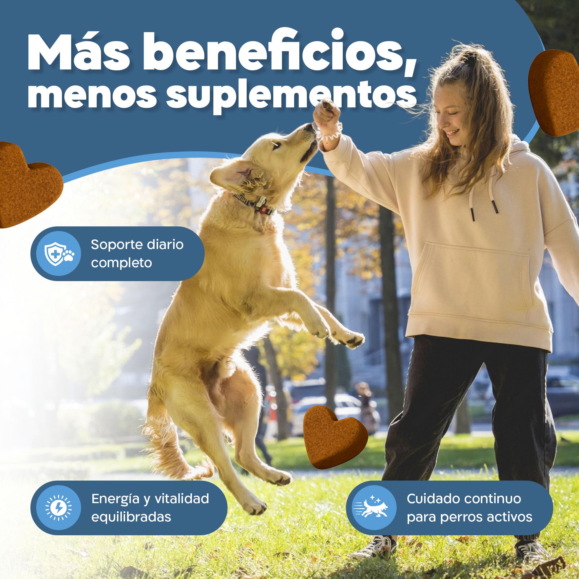 Multivitamínico 17 en 1 Perros 120 Bocados Glucosamina Probióticos 360g | Suplemento completo para perros 17 nutrientes un solo bocado textura blanda con toma diaria con glucosamina y colágeno.