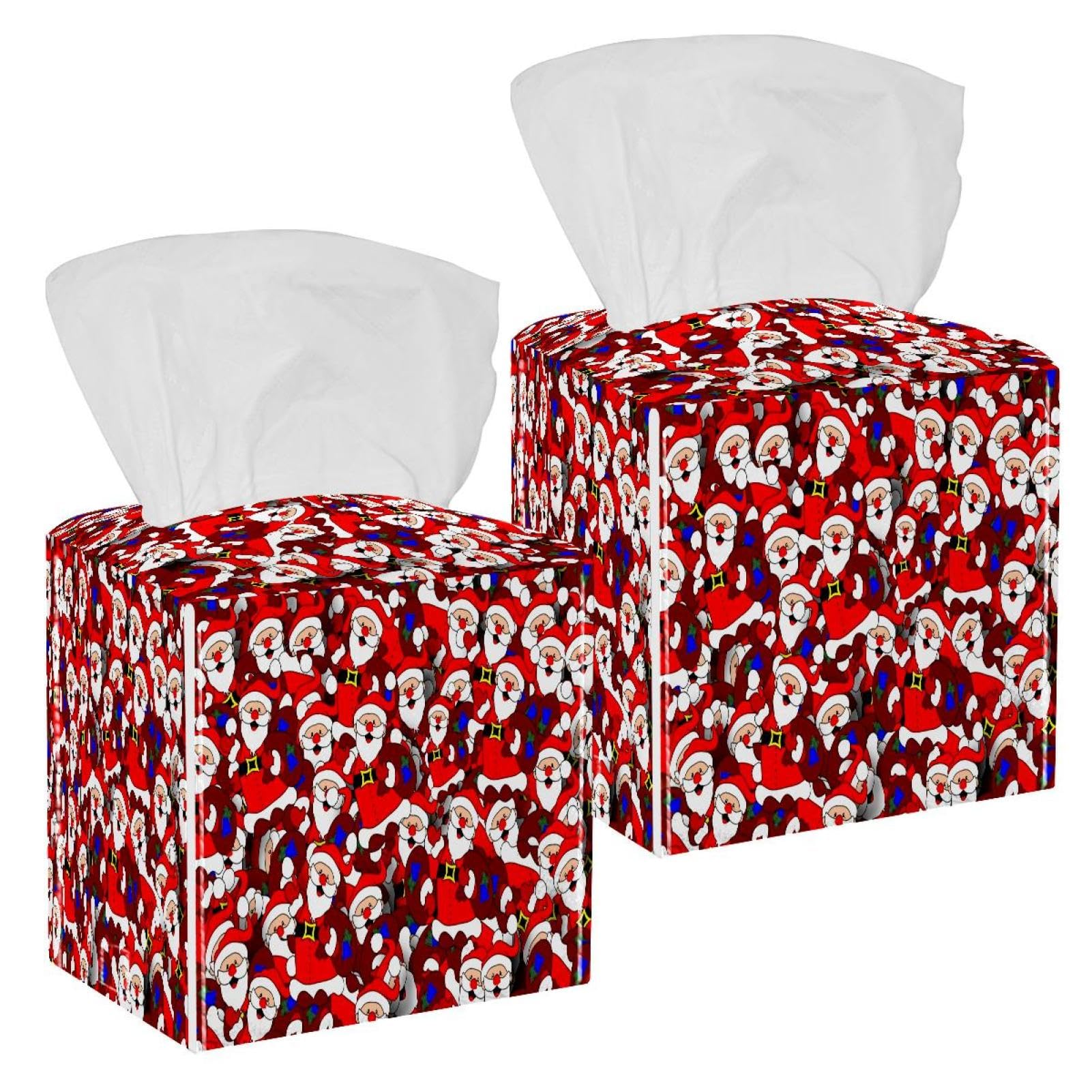 2 Pack Happy Christmas Tissue Box Cover Holder Square Tissue Foldable Cube Cover PU Leather Tissue Organizer with Bottom Belt for Bathroom, Tabletop, Car, Night Stands, Office
