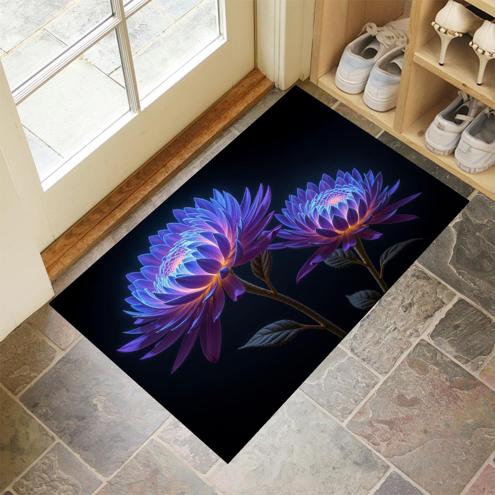 Tapis cuisine devant evier au motif bleu et violet floral