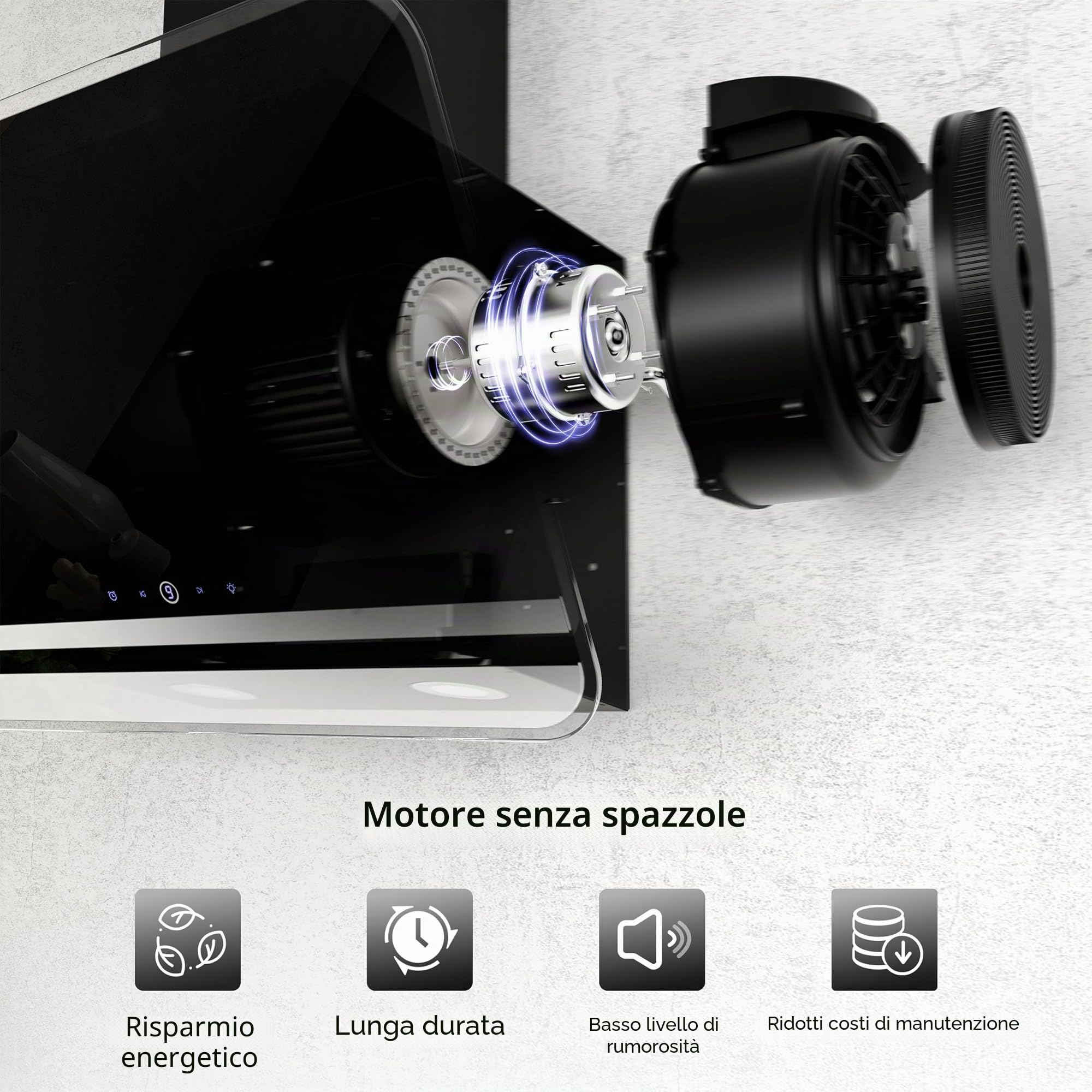 FIREGAS Cappa Aspirante 60 cm, Motore Senza Spazzole, 578 m³/h, 9 Velocità, Illuminazione LED, Controllo Tattile, Silenziosa 35dB, Classe A++, Filtro a Carboni Attivi e Tubo di Scarico Incluso