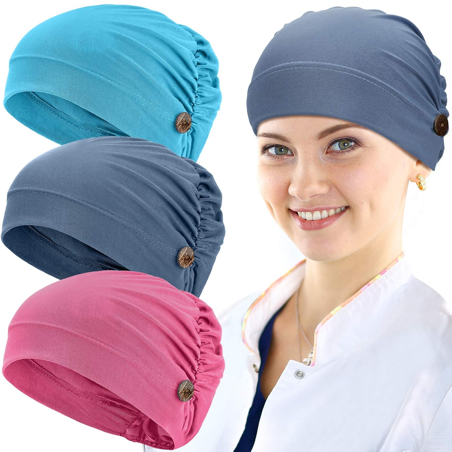 Geyoga 3 Pieces Bouffant Caps with Buttons Unisex Stretchy Headband Turban with Buttons for Women (Lake Blue, Deep Pink, Blue)