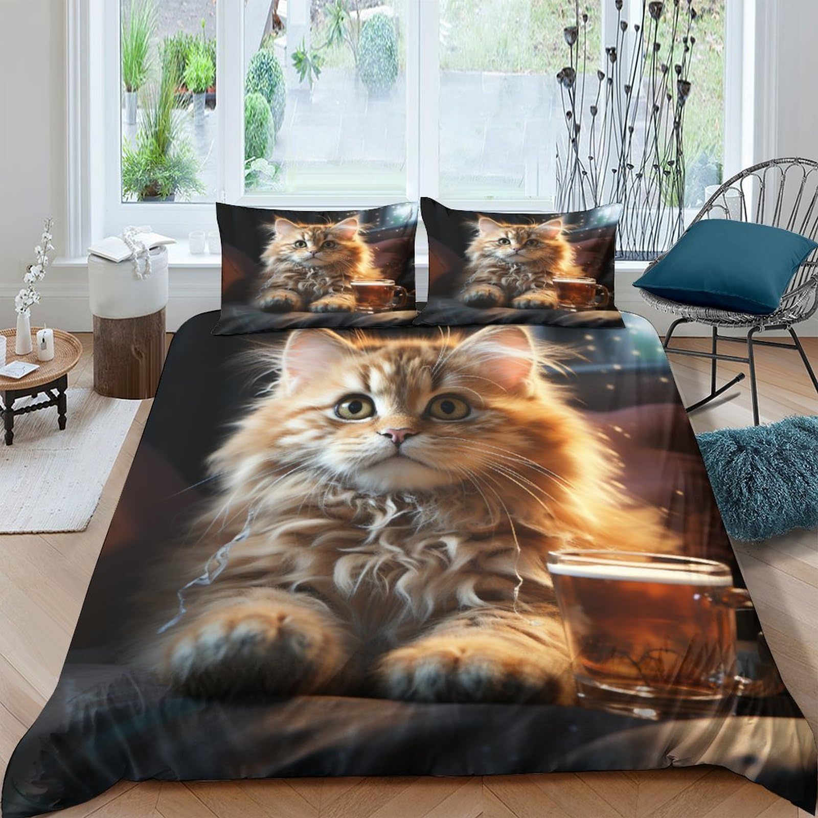 Parure de lit en microfibre avec housse de couette imprimée en 3D motif chat taille S
