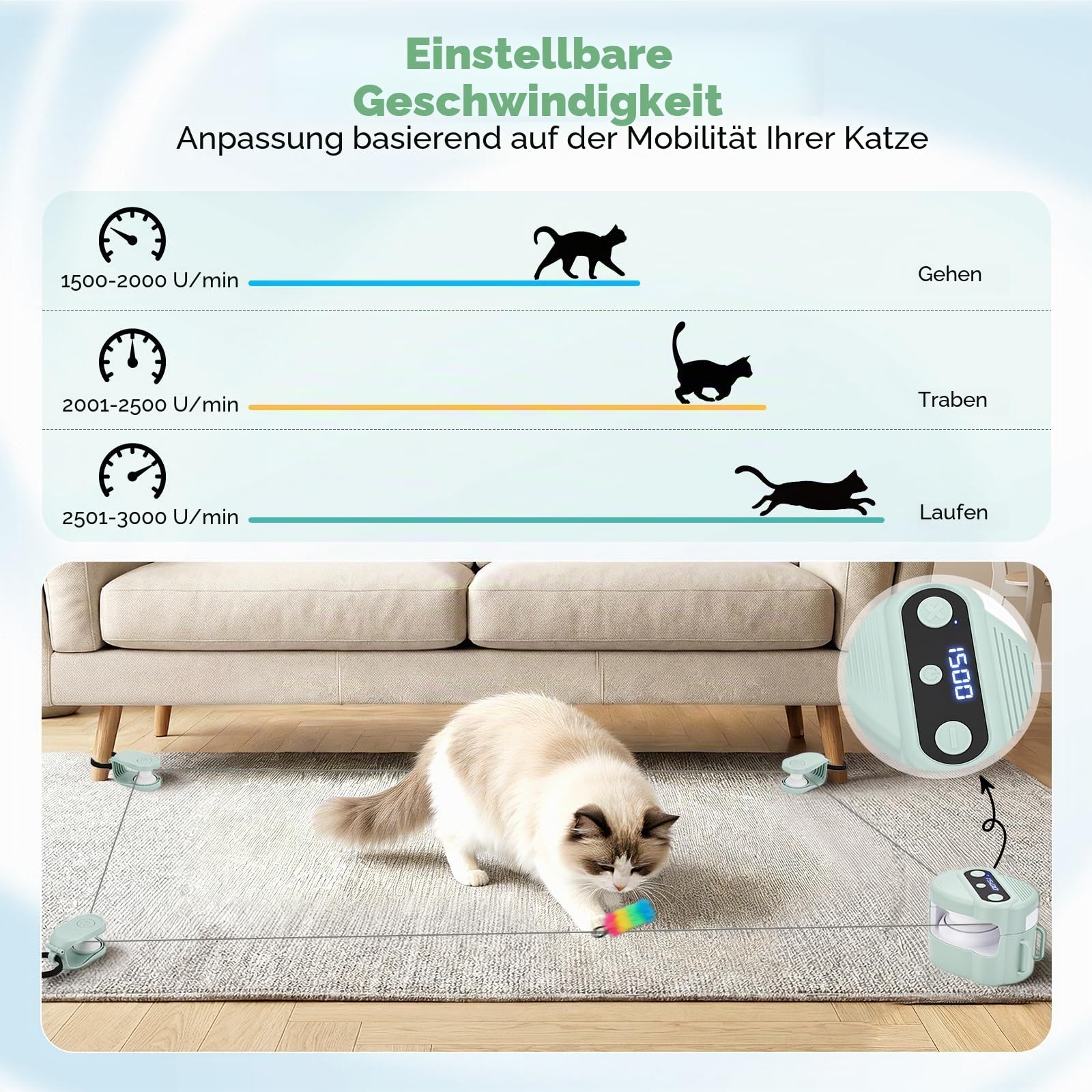 Interaktives Katzenspielzeug für Drinnen, Automatisches/Ferngesteuertes Simuliertes Katzenjagdspielzeug, Energieraubendes Spielzeug für Haustiere, Geschwindigkeit einstellbar(Hellgrün)
