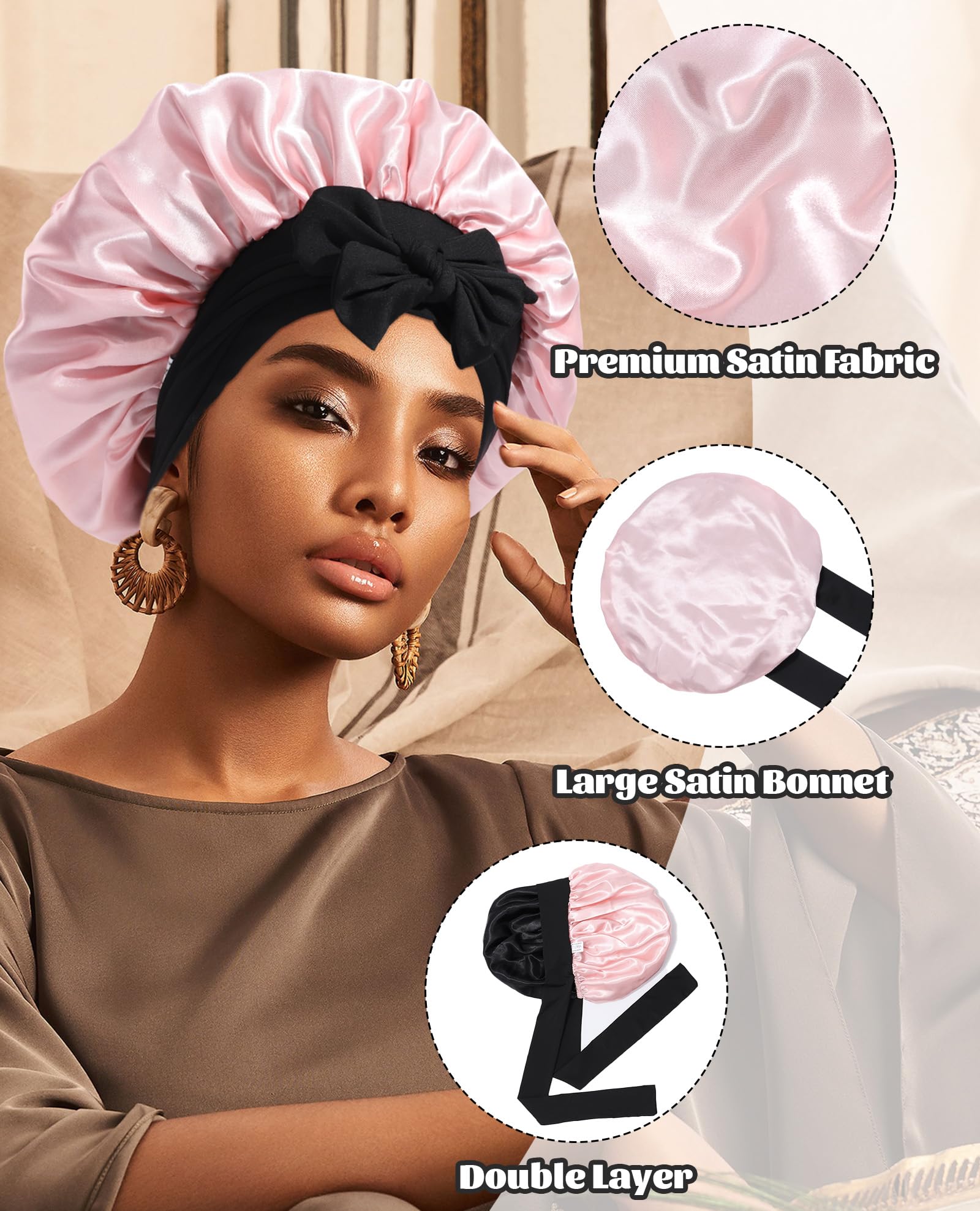 Satin Bonnet Silk Bonnet for Sleeping Silk Sleep Cap Double Layer Hair Bonnet with Elastic Tie Band for Curly Hair Night Cap (Black stars and moon+Black)