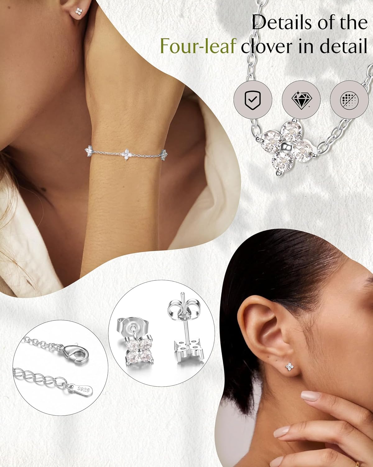 ORAZIO Dainty Silver Gold Jewelry Set for Women Trendy 14K Gold Plated CZ Flowers Pendant Choker Necklaces for Women Stud Earrings Clover Link Bracelets Stack Jewelry Gifts for Wedding Prom Brides - Image 3