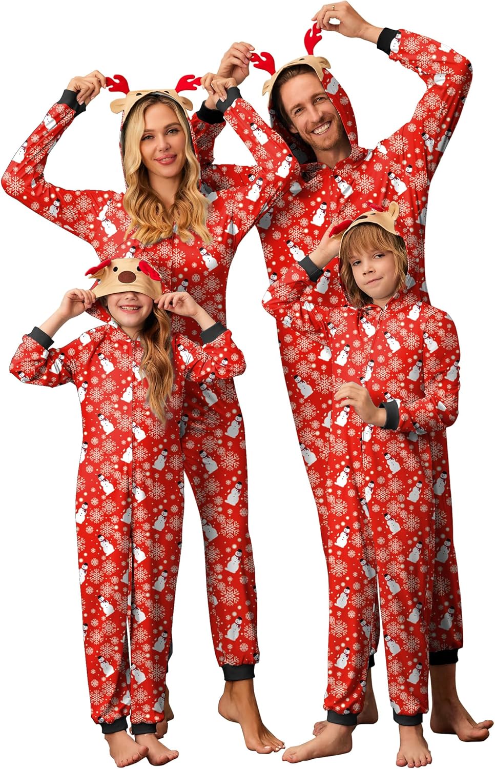 Ekouaer Christmas Onesie Matching Family Elk Antler Hooded Zipper One Piece Long Sleeve Pajamas with Pockets S-XXL