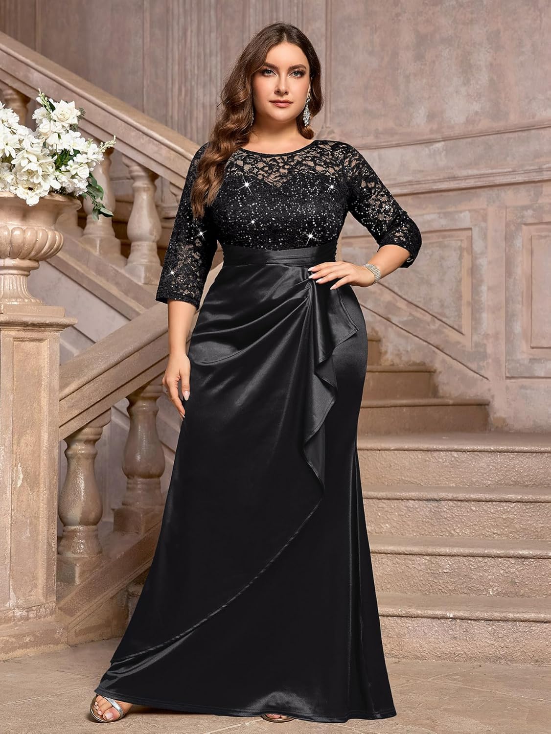 MISSMAY Women's Plus Size Sequin Lace Contrast Satin Ruched Bodycon Mermaid Formal Maxi Dress