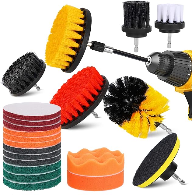 22 Pieces Drill Brush Attachment Set, Power Scrubber Drill Brush Pad Sponge Kit with Extend Attachment, Car Polishing Pad Kit, Scrub Brush Cleaning Kit for Bathroom, Car, Sinks, Floor, Kitchen, Carpet