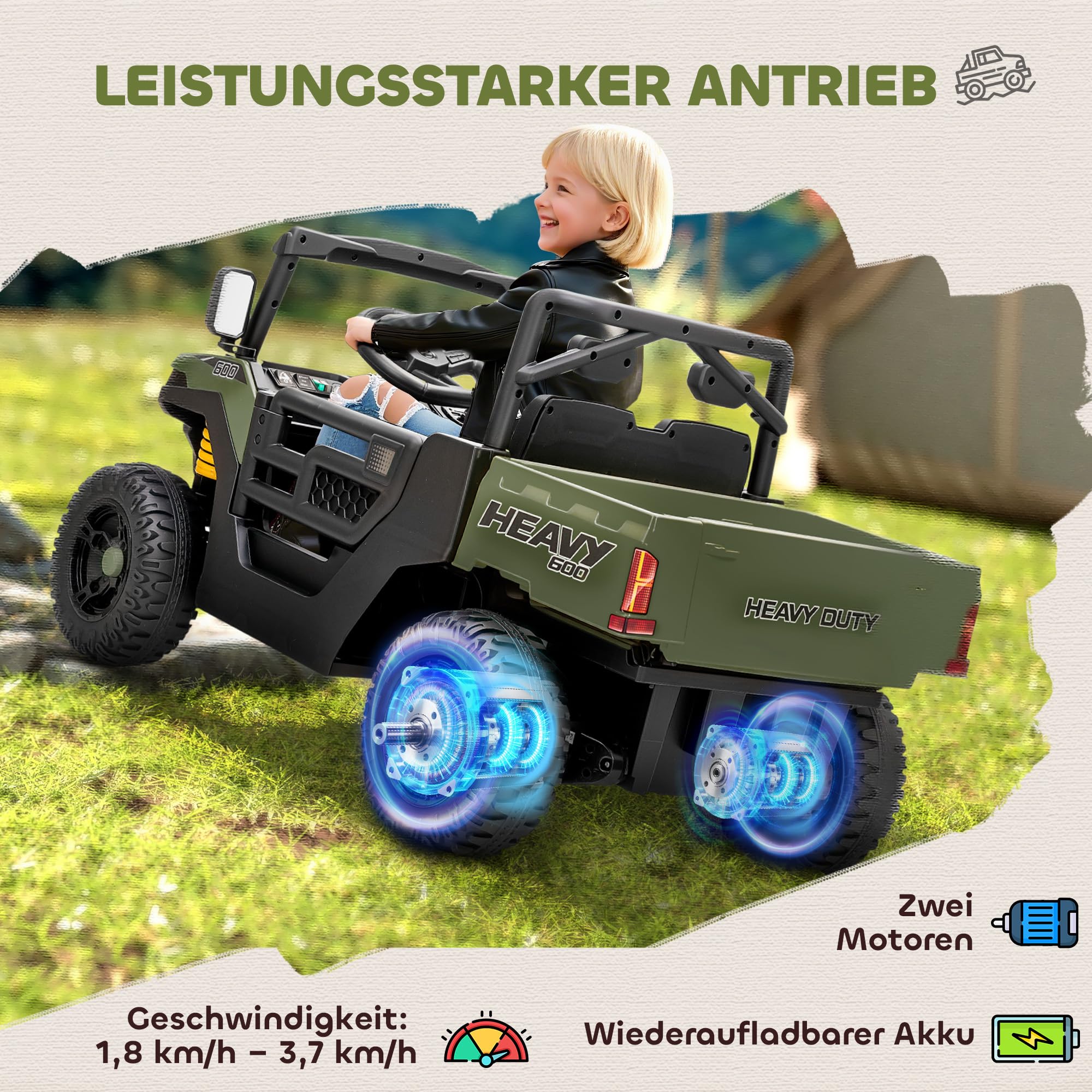 AIYAPLAY Kinder Elektroauto 12V UTV mit 2,4 GHz Fernbedienung 2 Motor Grün | Kinderauto, Kinderfahrzeug, Softstart, Federungssystem, Kofferraum, Musik, USB-Anschluss, Hupe, für 3-8 Jahre
