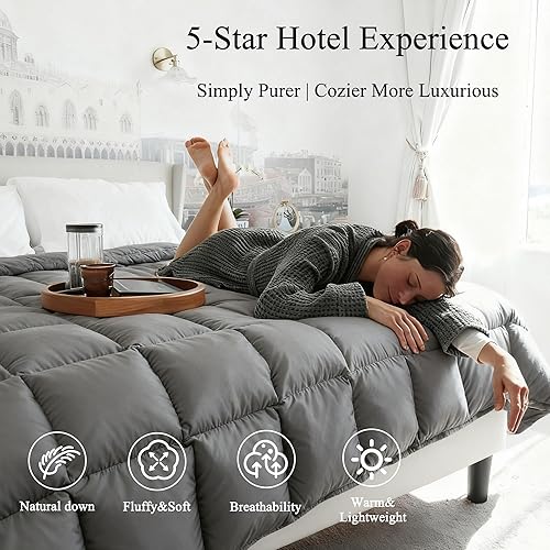 Miniatura 3 de Edredón de lujo de fibra de plumón gris tamaño Queen - Núcleo de edredón de fibra de plumón para todas las estaciones - Inserto de edredón de hotel