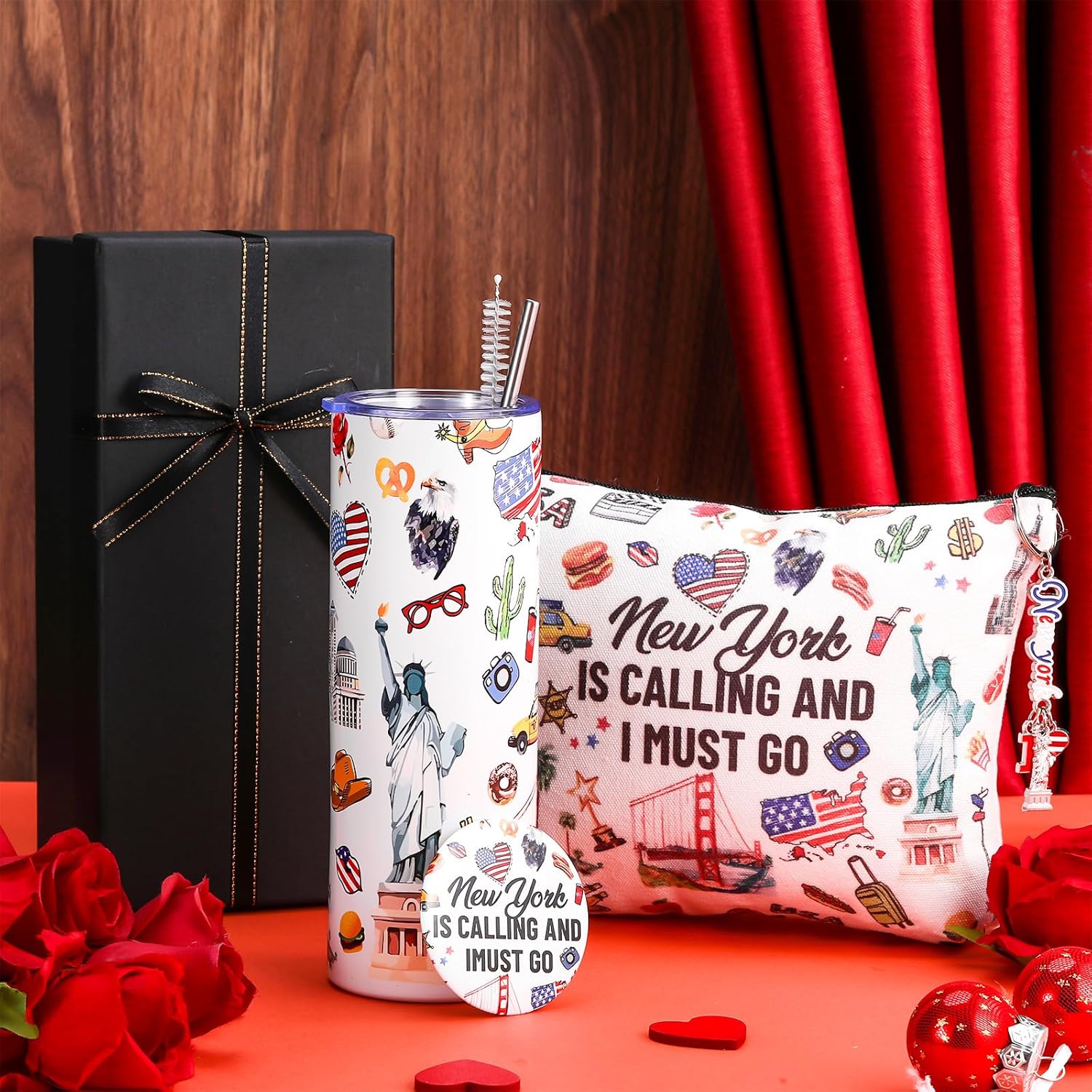 Sieral 5 Pcs New York Travel Gift New York Lover USA Themed Gifts Includes Makeup Bag Thermal Cup Keychain Mirror for Traveler Women Friend Sister Birthday Party