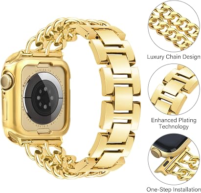 Anaiboho Gold Apple Watch Bands for women men Double Chain iWatch Bands for 40mm 38mm 41mm, Compatible with Apple Watch SE Series 9 8 7 6 5 4 3 2 1(With Case)
