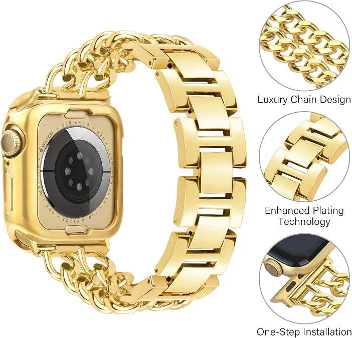 Anaiboho Gold Apple Watch Bands for women men Double Chain iWatch Bands for 40mm 38mm 41mm, Compatible with Apple Watch SE Series 9 8 7 6 5 4 3 2 1(With Case)