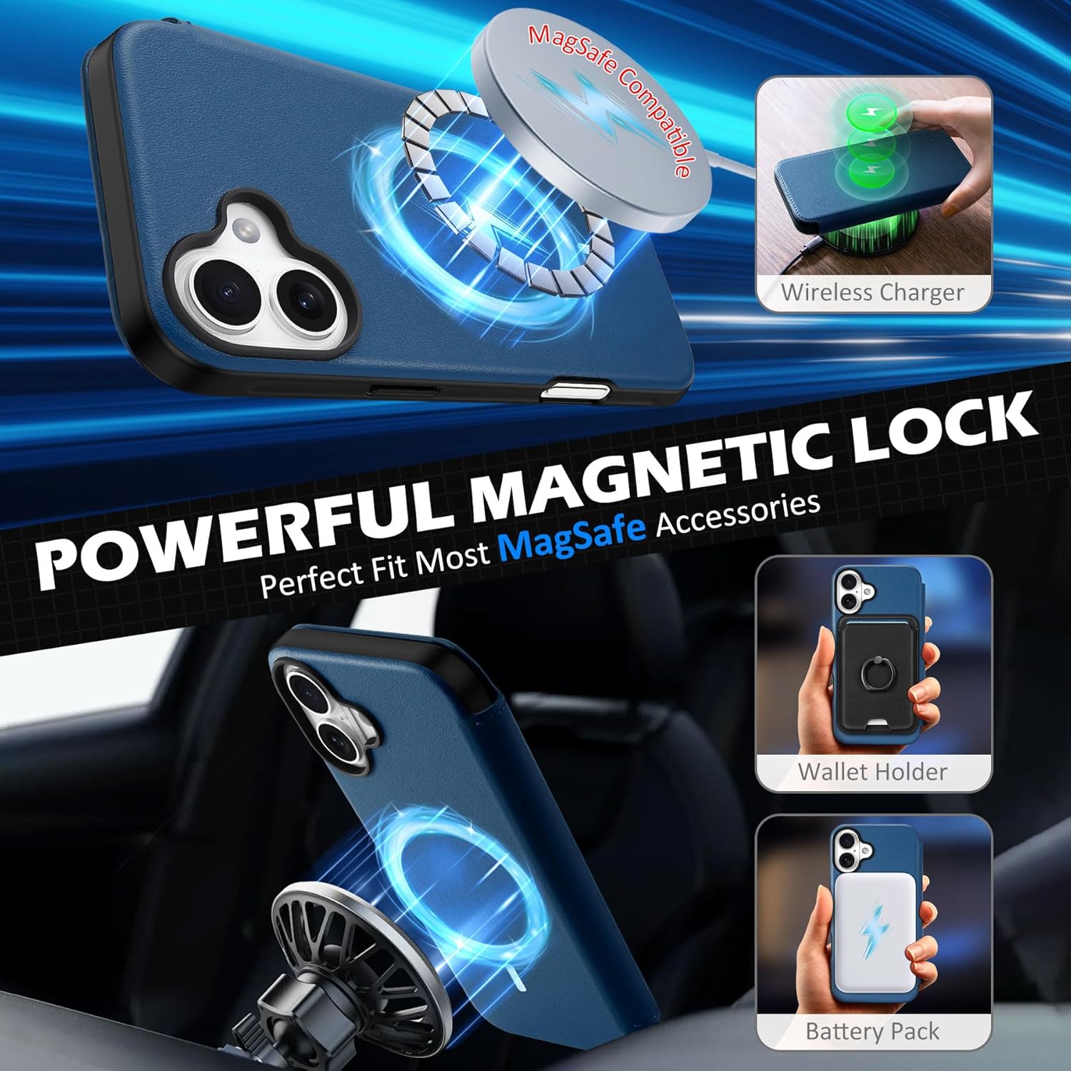 SHIELDON Case for iPhone 16 5G 2024, Genuine Leather Wallet Slim Book Flip RFID Blocking Card Slot Magnetic Shock Absorbing Wireless Charging Case Compatible with iPhone 16 6.1" - Royal Blue