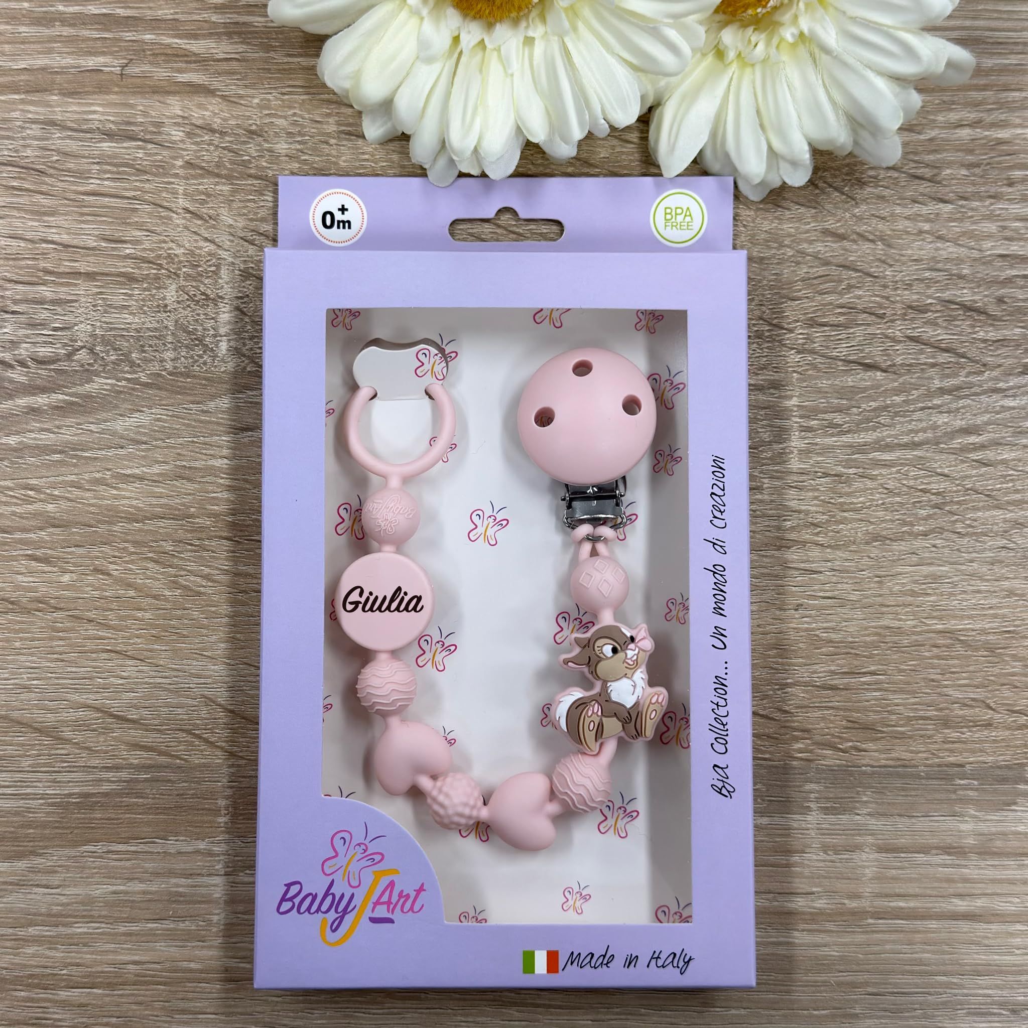Catenella Portaciuccio in Silicone Personalizzata con Nome – Modello Bubble Charm – Clip Sicura – Idea Regalo Nascita - Coniglietta - Ultra leggera