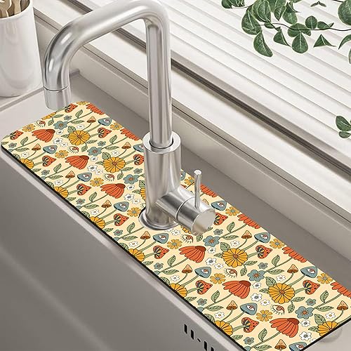 Miniatura 16 de Tapete protector contra salpicaduras para fregadero de cocina floral naranja retro de los años 70, tapete absorbente de secado rápido, tapete de