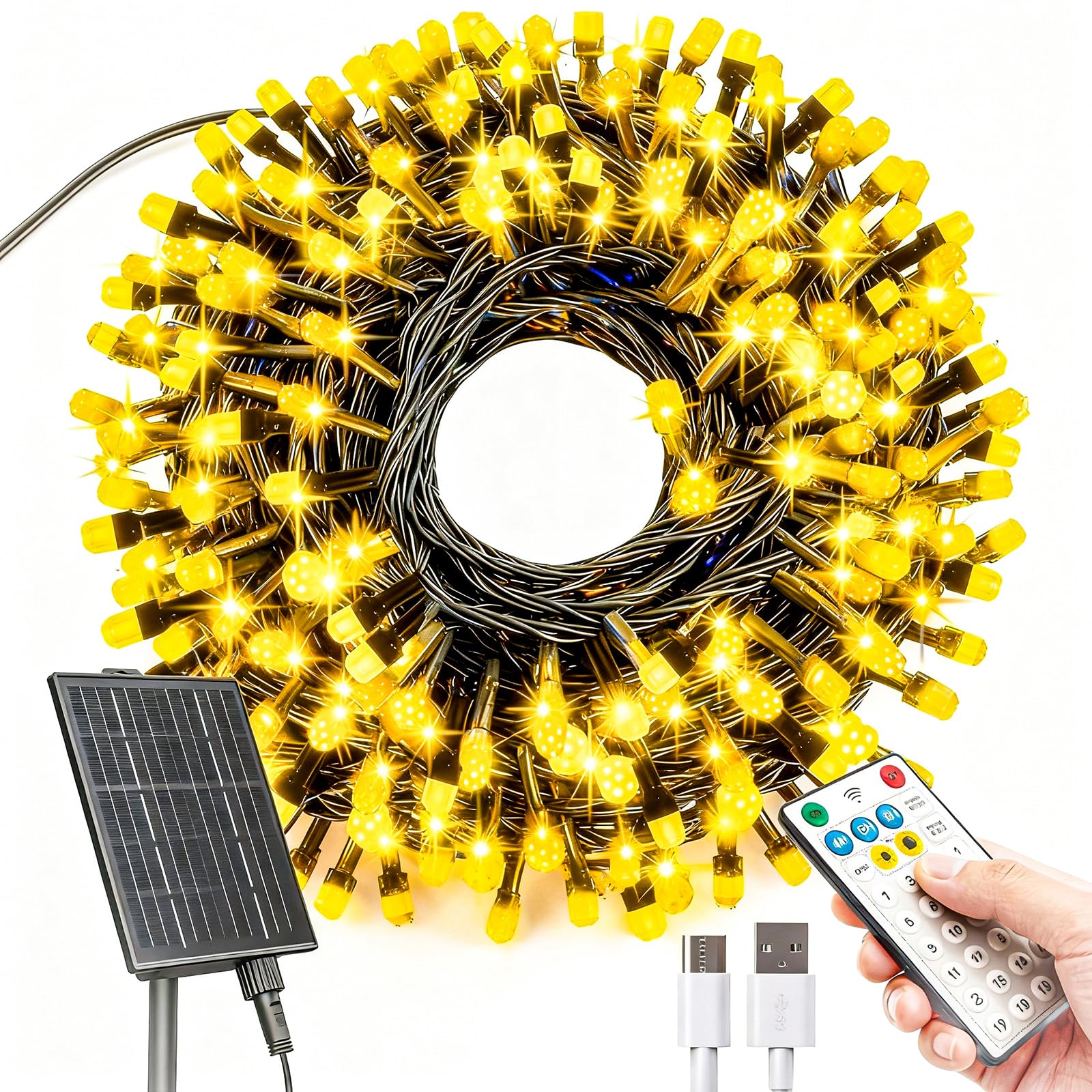 Guirlande lumineuse solaire d'extérieur - 32 m - 300 LED - Résistante aux intempéries - 19 modes - Blanc chaud - Avec télécommande - Pour jardin, arbre, cour, décoration de Noël (blanc froid)