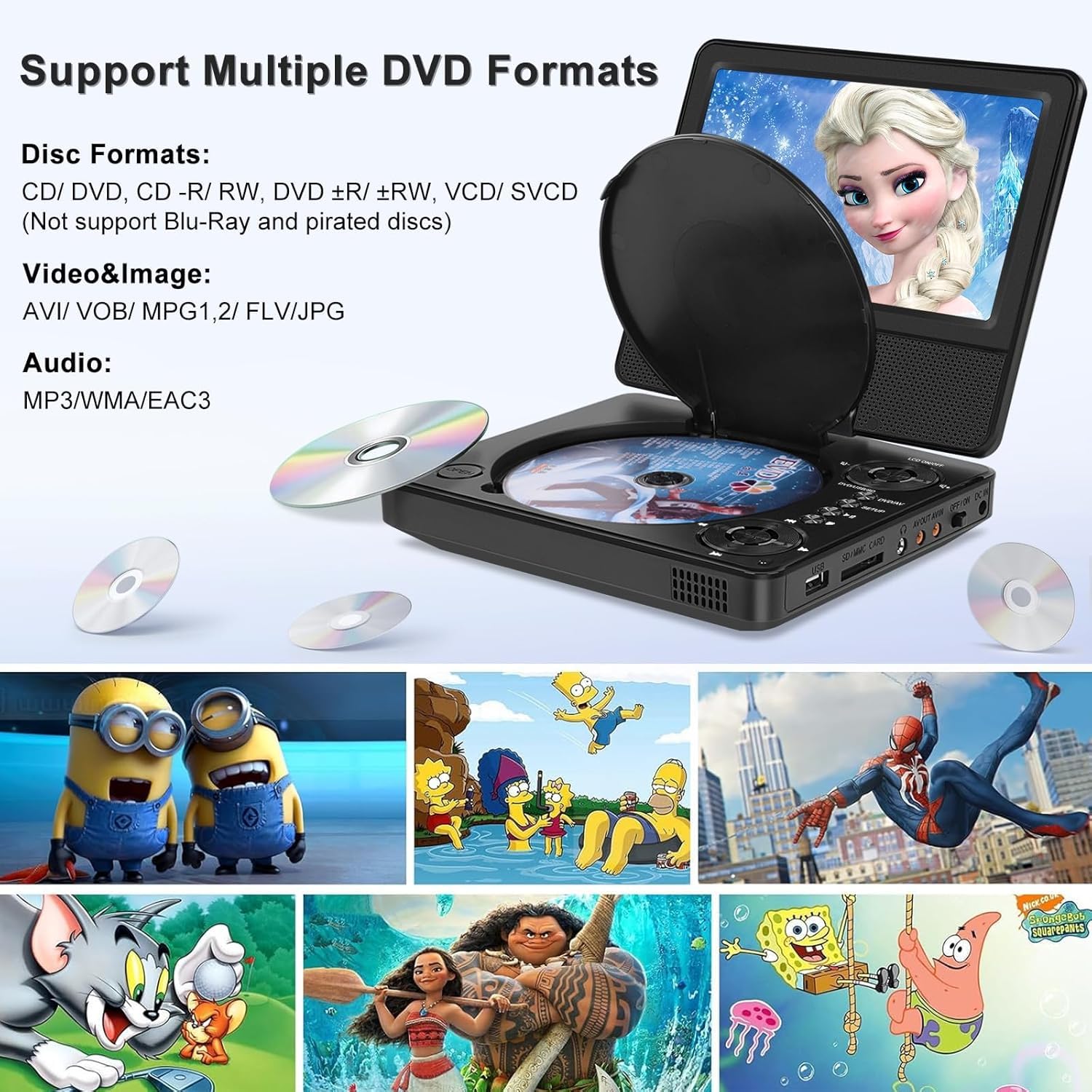 HOPYOP Lettore DVD portatile da 9,5 pollici per bambini e auto, schermo girevole da 7,5 pollici con batteria integrata da 4 a 6 ore, lettore DVD con doppi altoparlanti, supporta lo schermo di