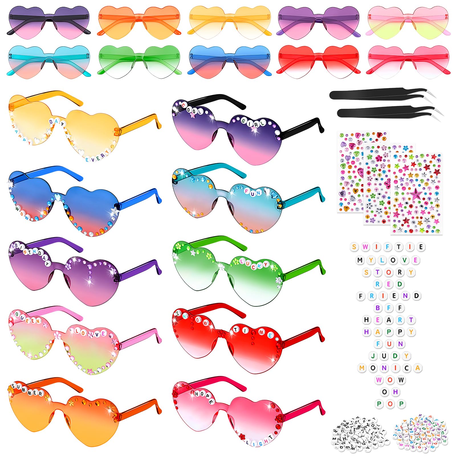 SelfTek 10 Pcs DIY Heart Glasses - Gradient Colour Rimless Heart Sunglasses DIY Colorful Friendship Glasses with Letter Beads and Rhinestones Party Eyewear for Birthday Hen Party
