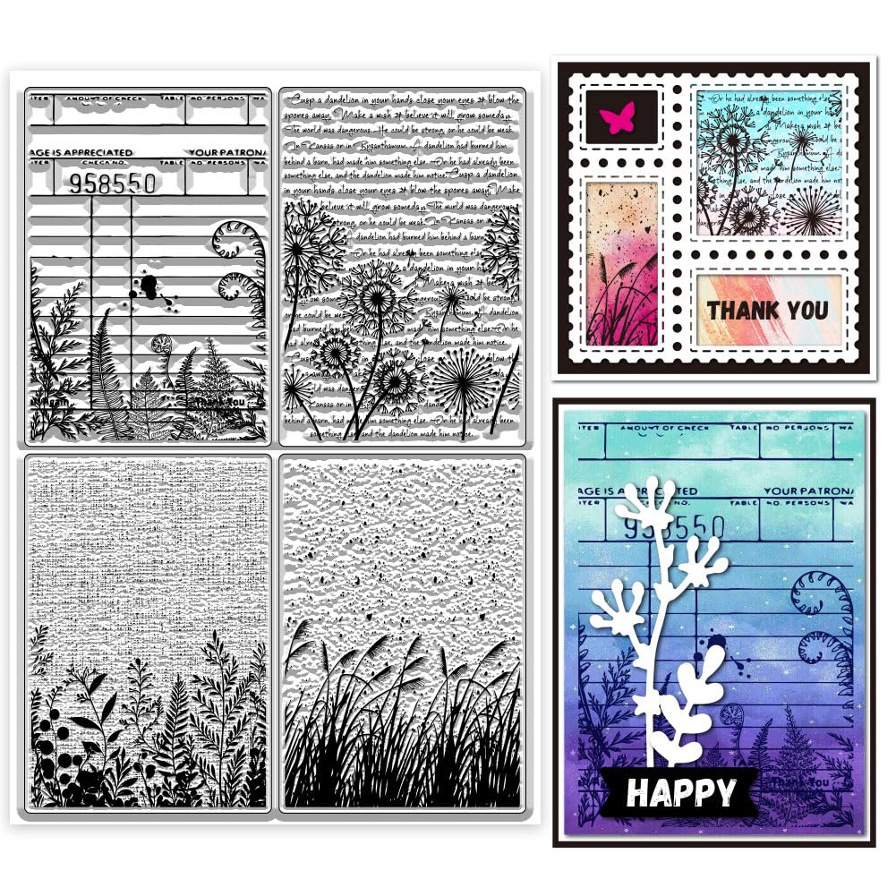 GLOBLELAND Vintage Leaves Texture Background Clear Stamps for Scrapbooking 210*148mm Fern Leaves Dandelion Silicone Stamps Reeds Background Transparent Stamp for Card Making DIY Embossing Journaling