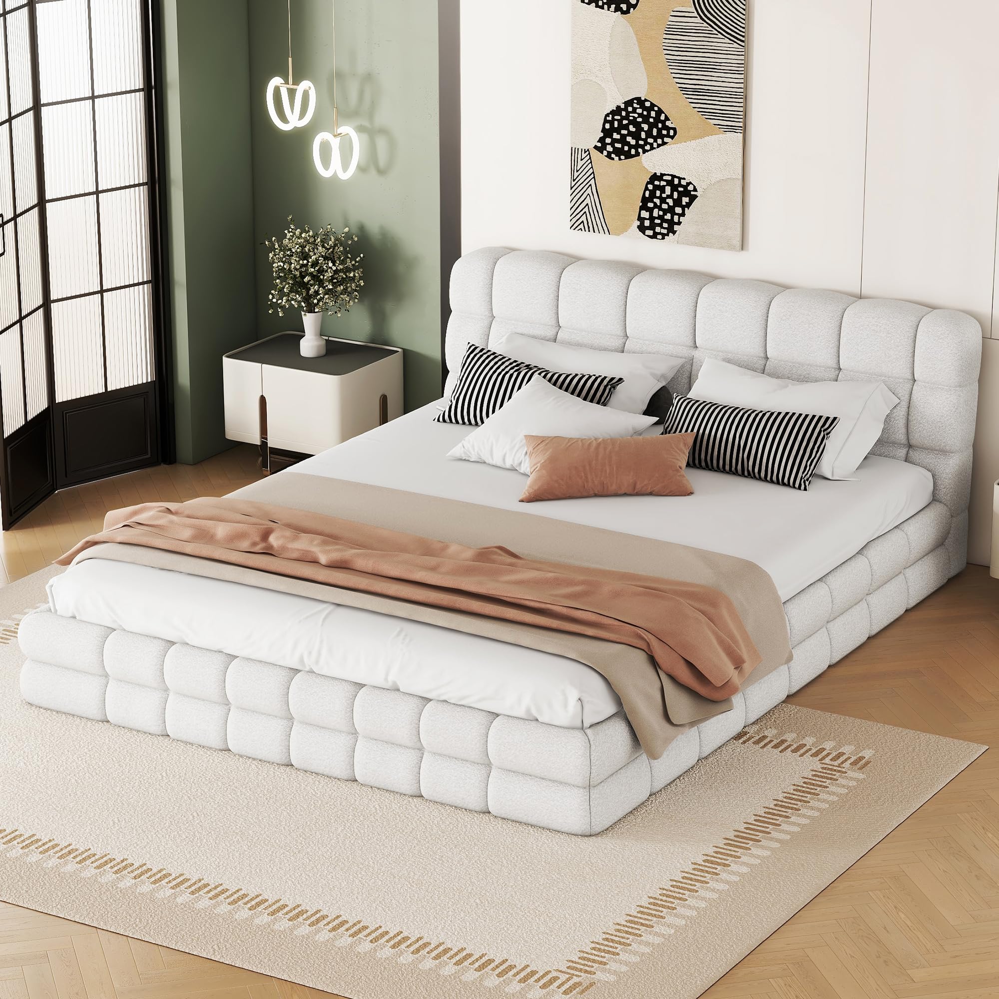 HoRunzelin Queen Size Upholstered Soft Grounded Bed Frame with Headboard, Berber Fleece Low Profile Platform Floor Bed with Slats Support, White