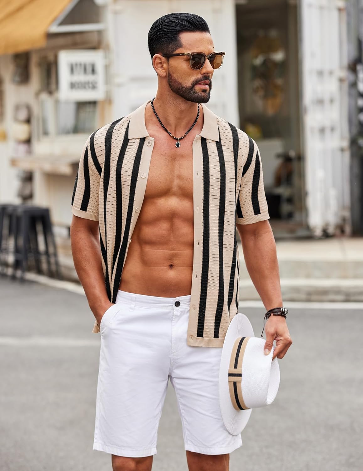 COOFANDY Men's Knit Shirts Short Sleeve Button Down Polo Shirt Striped Casual Summer Beach Shirts - Image 2