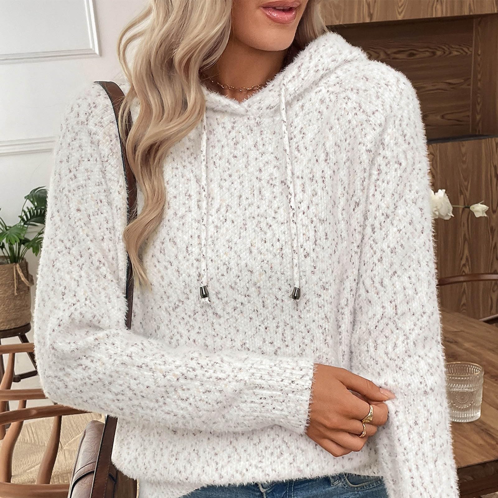 Pullover Damen Elegant Strickpullover mit Kapuze Winterpullover Warm