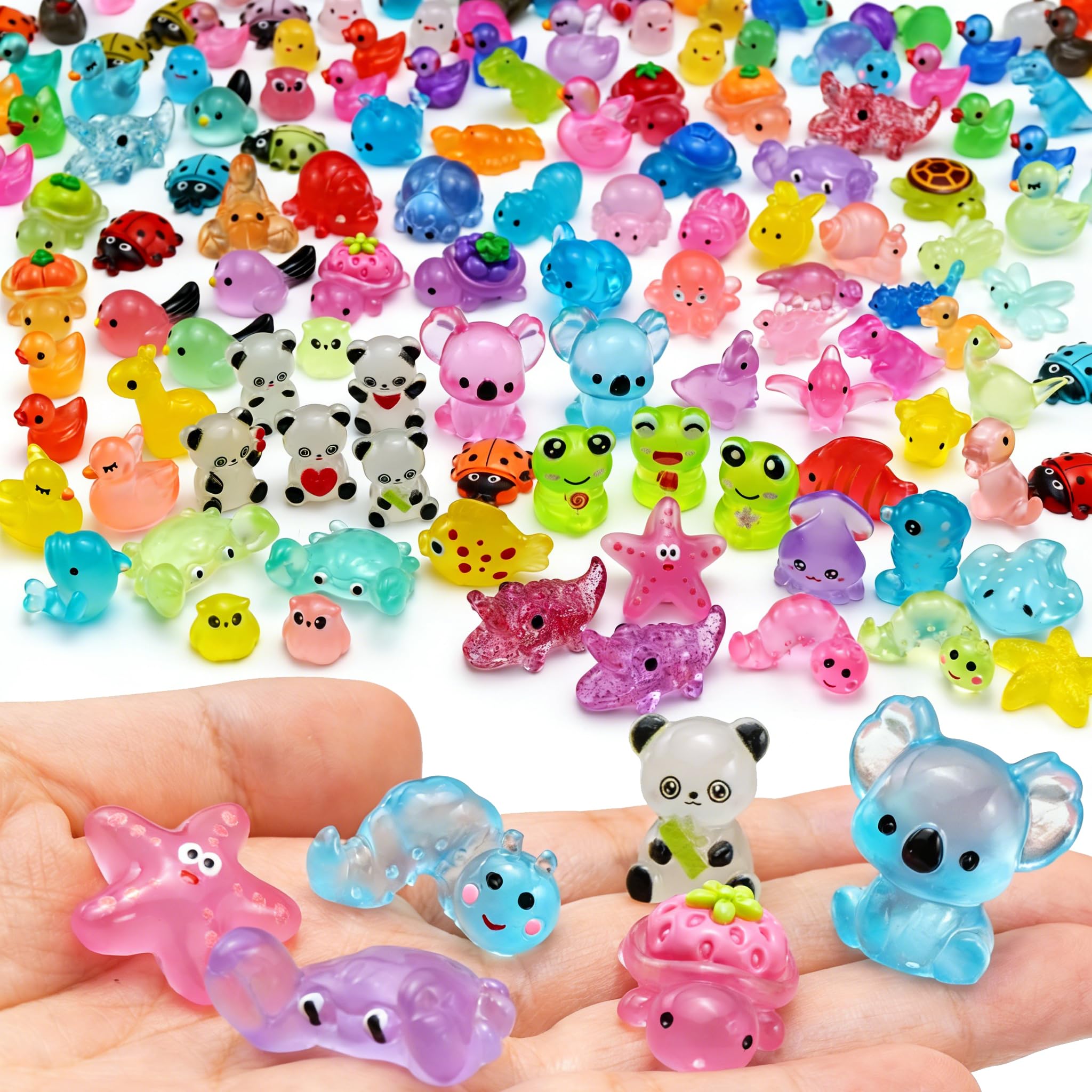 Enyoir 160 Mini Resin Animals Mixed, 64 Rare Styles Glass Animals Figures Glow in the Dark Tiny little Miniatures Sea Creatures, Wildlife, Insects, Pandas, Mini Ducks, Dinosaurs for Dollhouse Decor.
