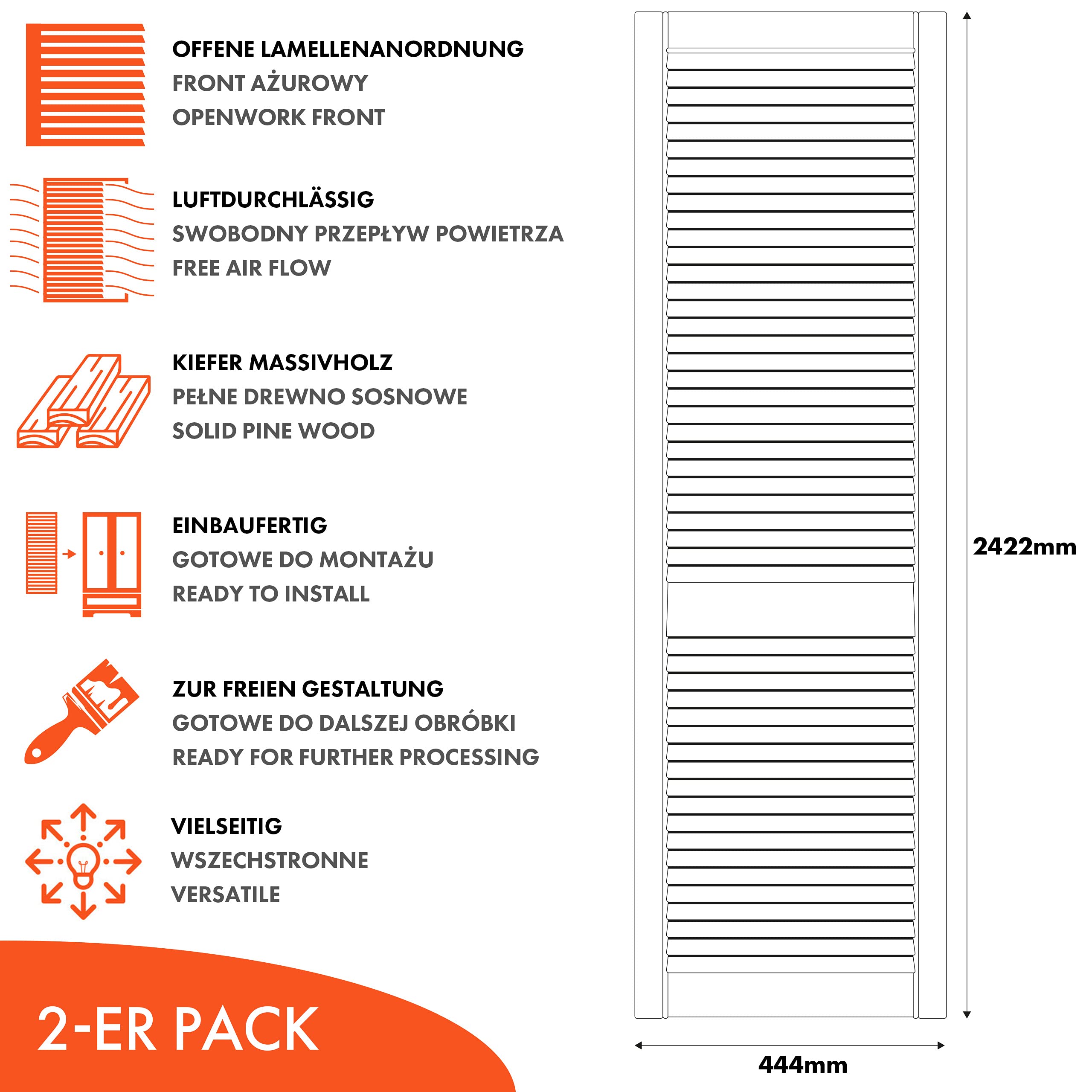 Drzwiczki ażurowe fronty lamelowe przewiewne do wewnątrz drzwi frontowe do szafek regałów zabudowy z drewna sosnowego 444cm x 2422cm 2-pak surowe drewno DIY
