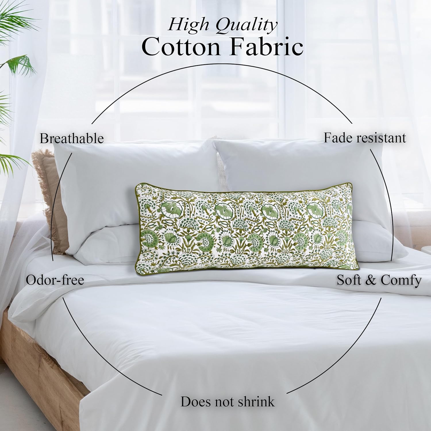 CPC Agate Green 100% Cotton Block Print Sham Cover 14x36 inch, Handmade Boho Floral Pillowcase, Farmhouse Cottagecore Bedding, Soft Decorative Cushion Cover for Bedroom Décor - Image 6