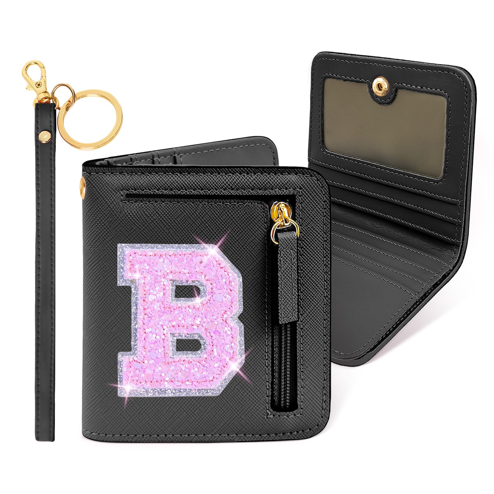 COSHAYSOO Initial RFID Wallet Small Personalized Mothers Nurse Teacher Coach Appreciation Day Gifts Christmas Halloween Presents Bifold Compact Change Purse with Letter Zipper Card Slot Black B