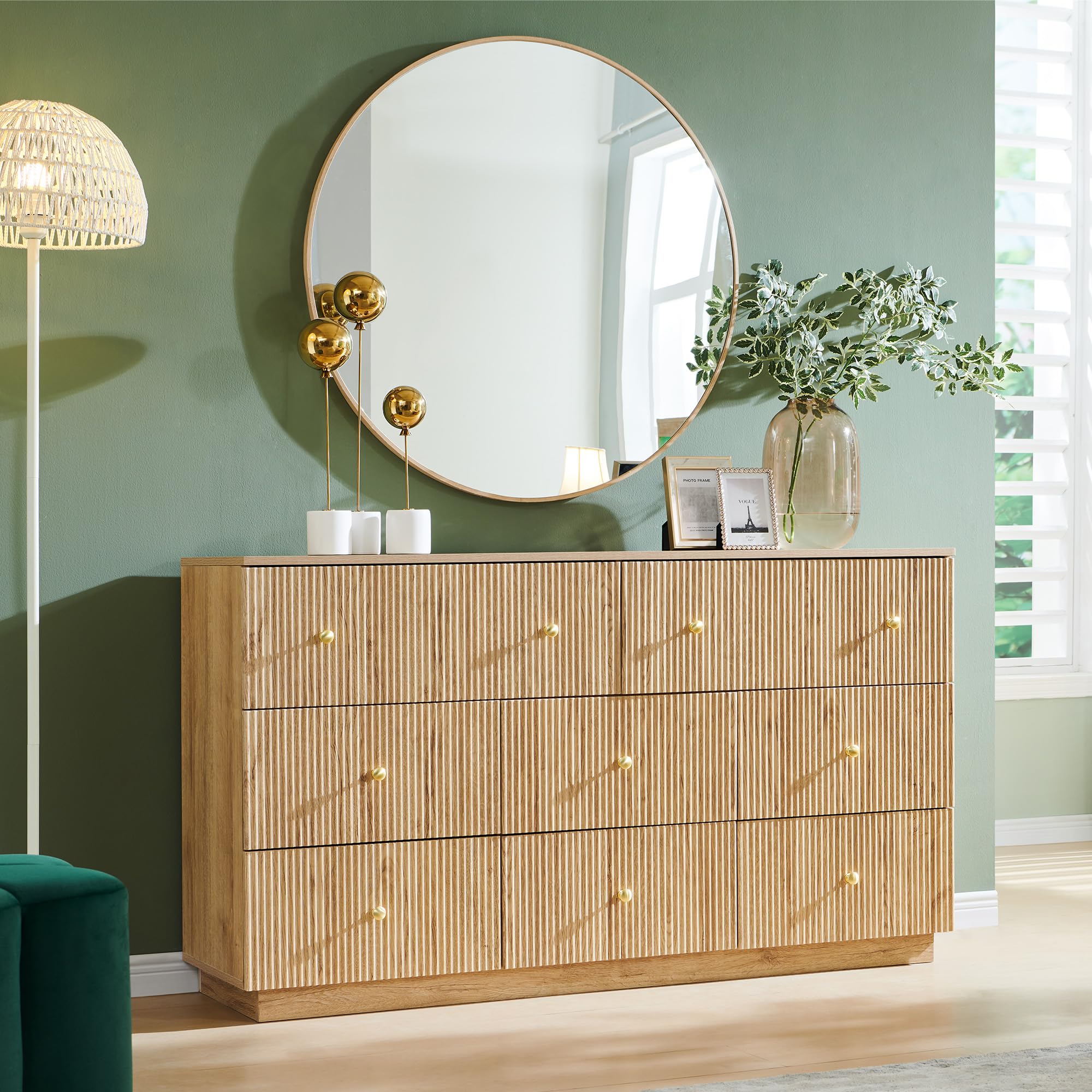 wow97e Fluted Dresser for Bedroom, 55" W 8 Drawer Dressers, Wood Tall Dresser Storage Organizer, Modern Bedroom Chest of Drawers with Deep Storage for